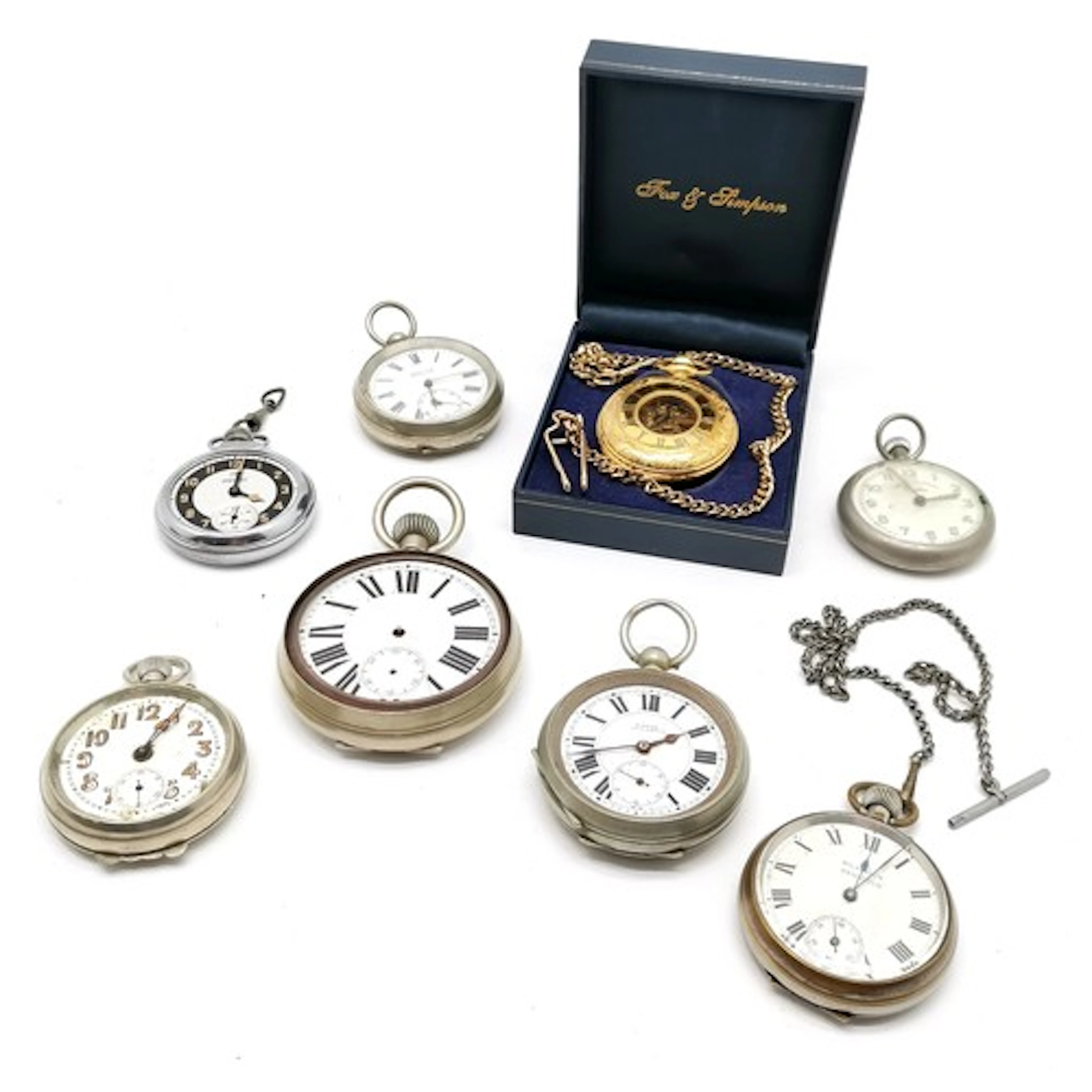 8 x pocket watches inc boxed Fox & Simpson manual wind gold ...