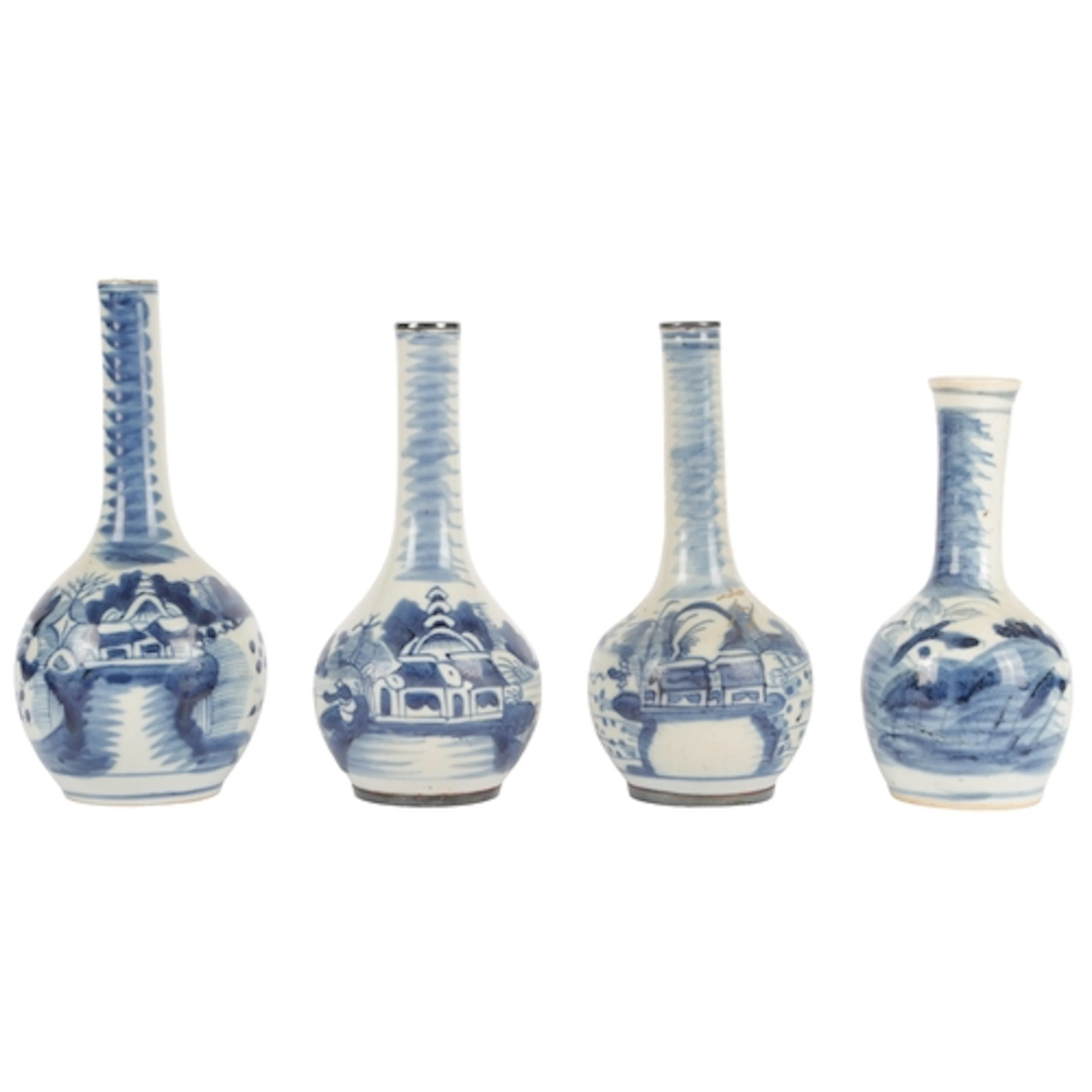 Four Chinese bleu de Huê 'landscape' bottles vases, 19th cen...