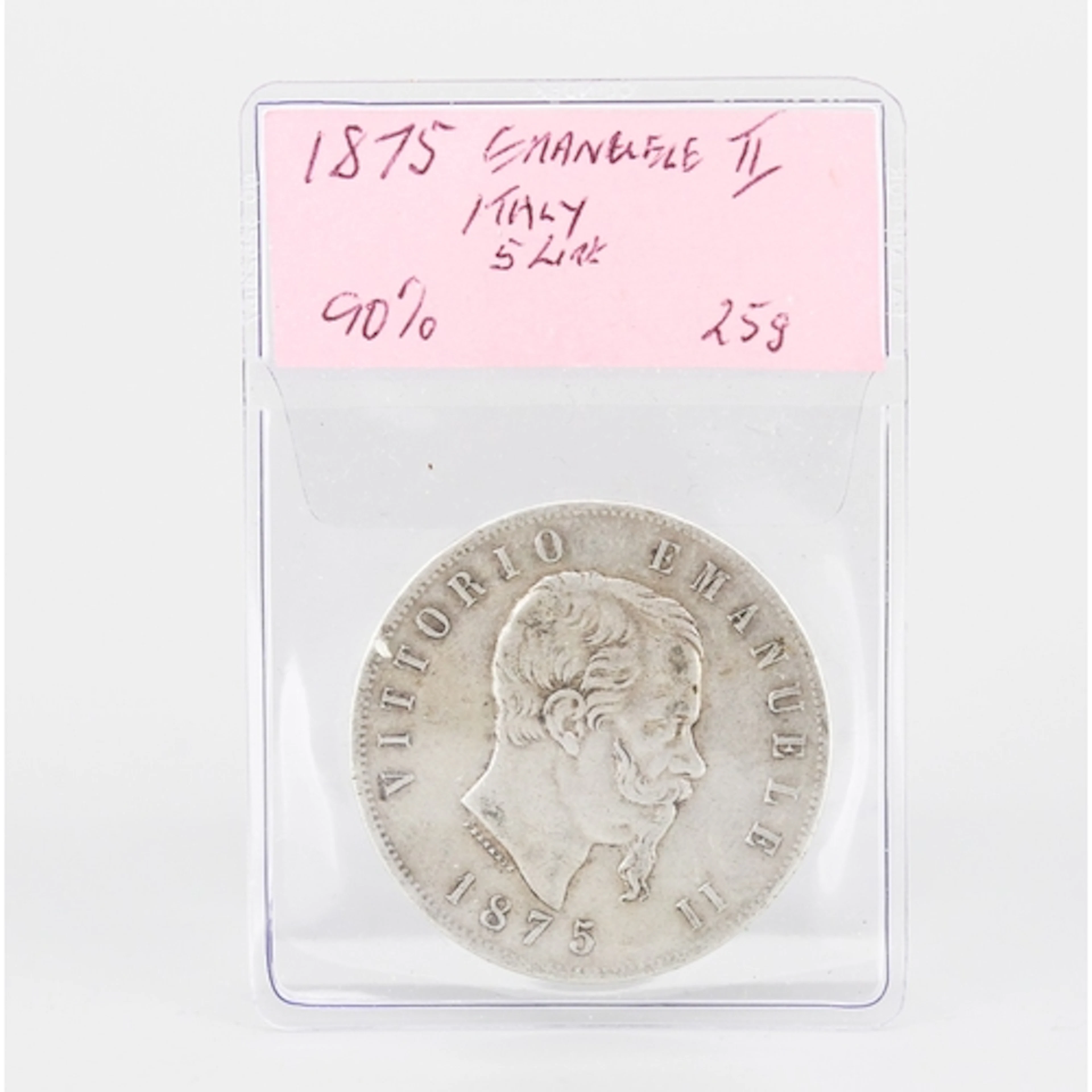 Silver Italian 5 Lire Coin, Vittorio Emanuele II 1875