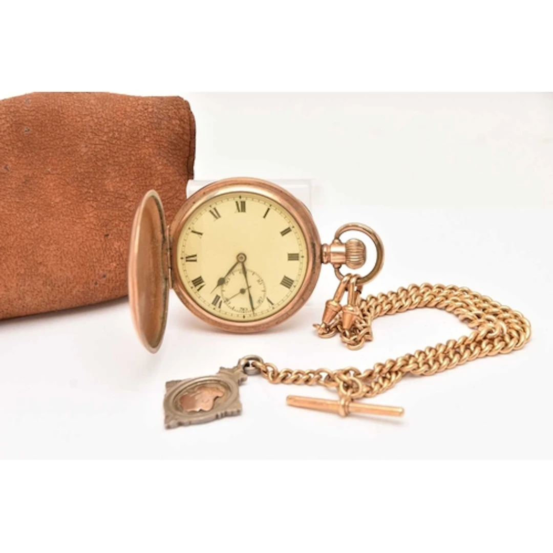 A ROLLED GOLD FULL HUNTER POCKET WATCH AND ALBERT CHAIN, man...