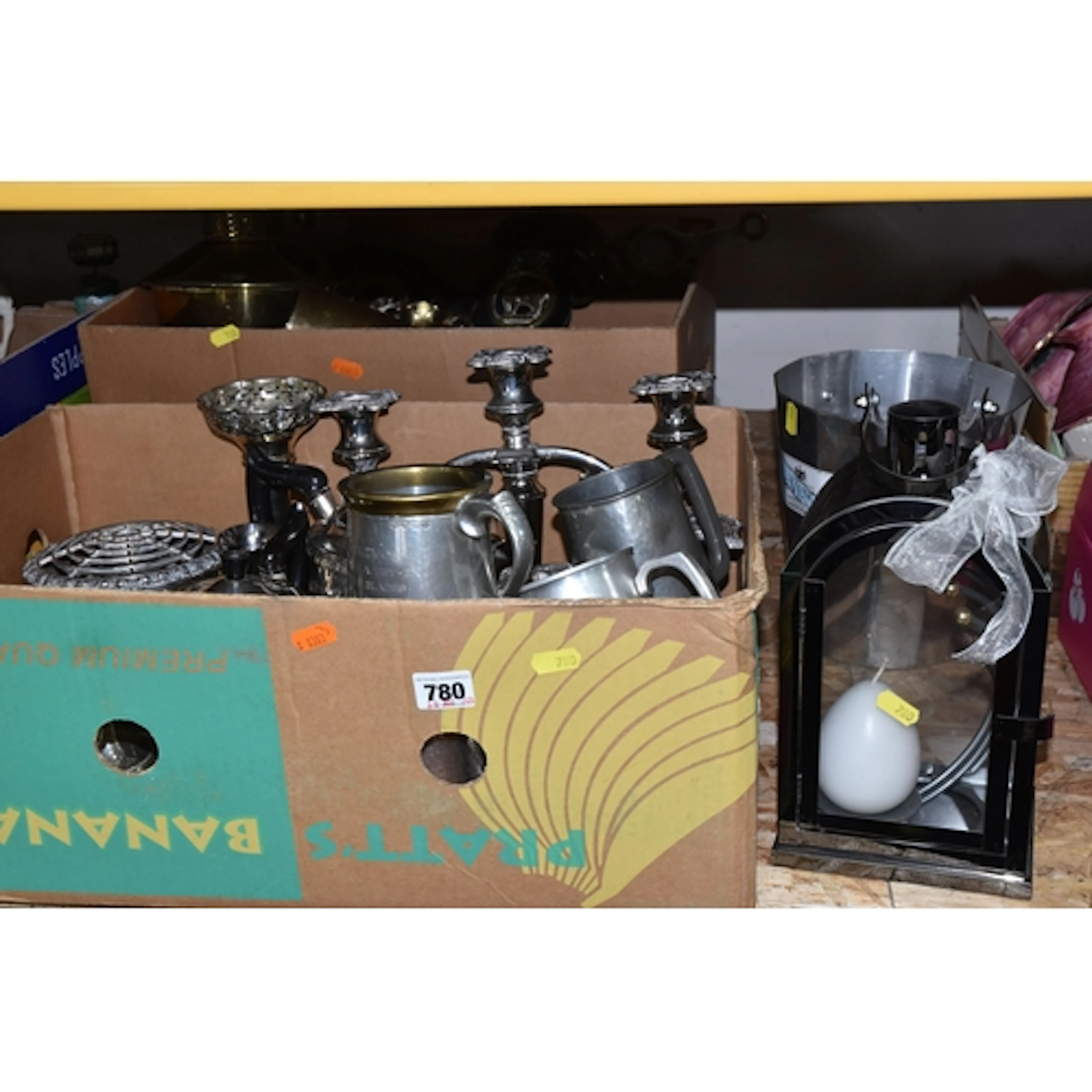 TWO BOXES AND LOOSE OF SILVER PLATE AND BRASSWARE to include...