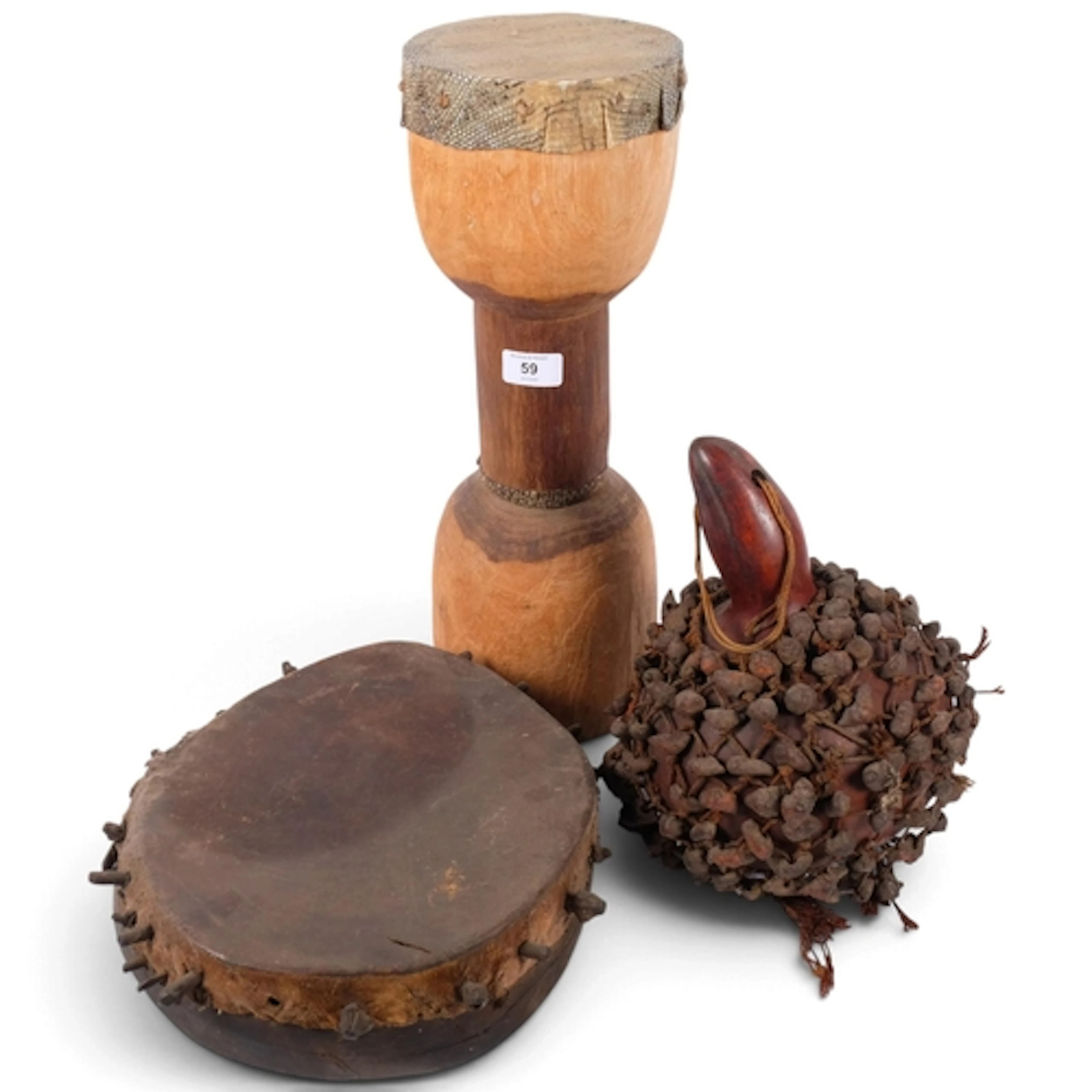 An African gourd rattle, Cameroon, H27cm, and 2 African carv...