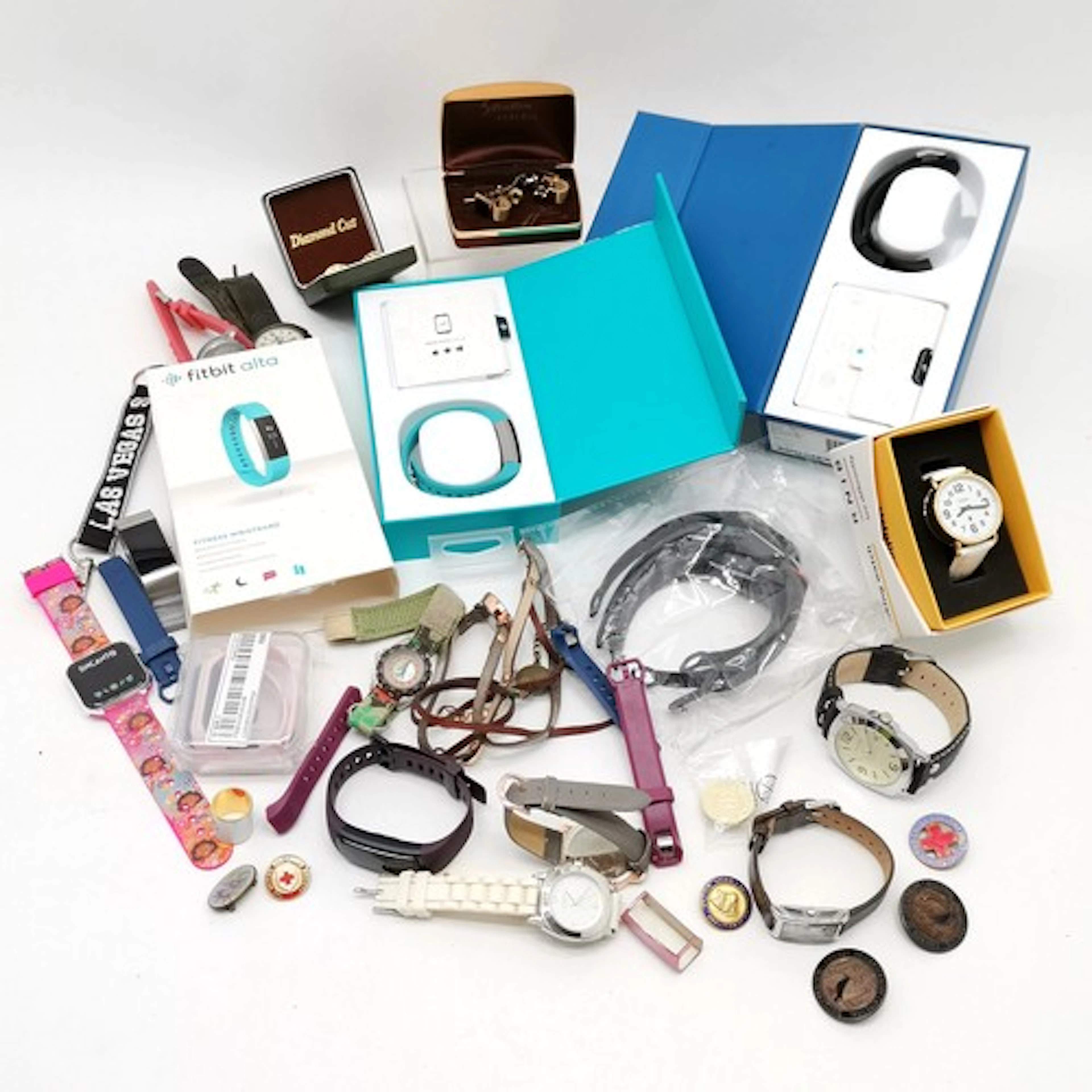 Qty of quartz wristwatches inc boxed Fitbit alta, RNIB talki...