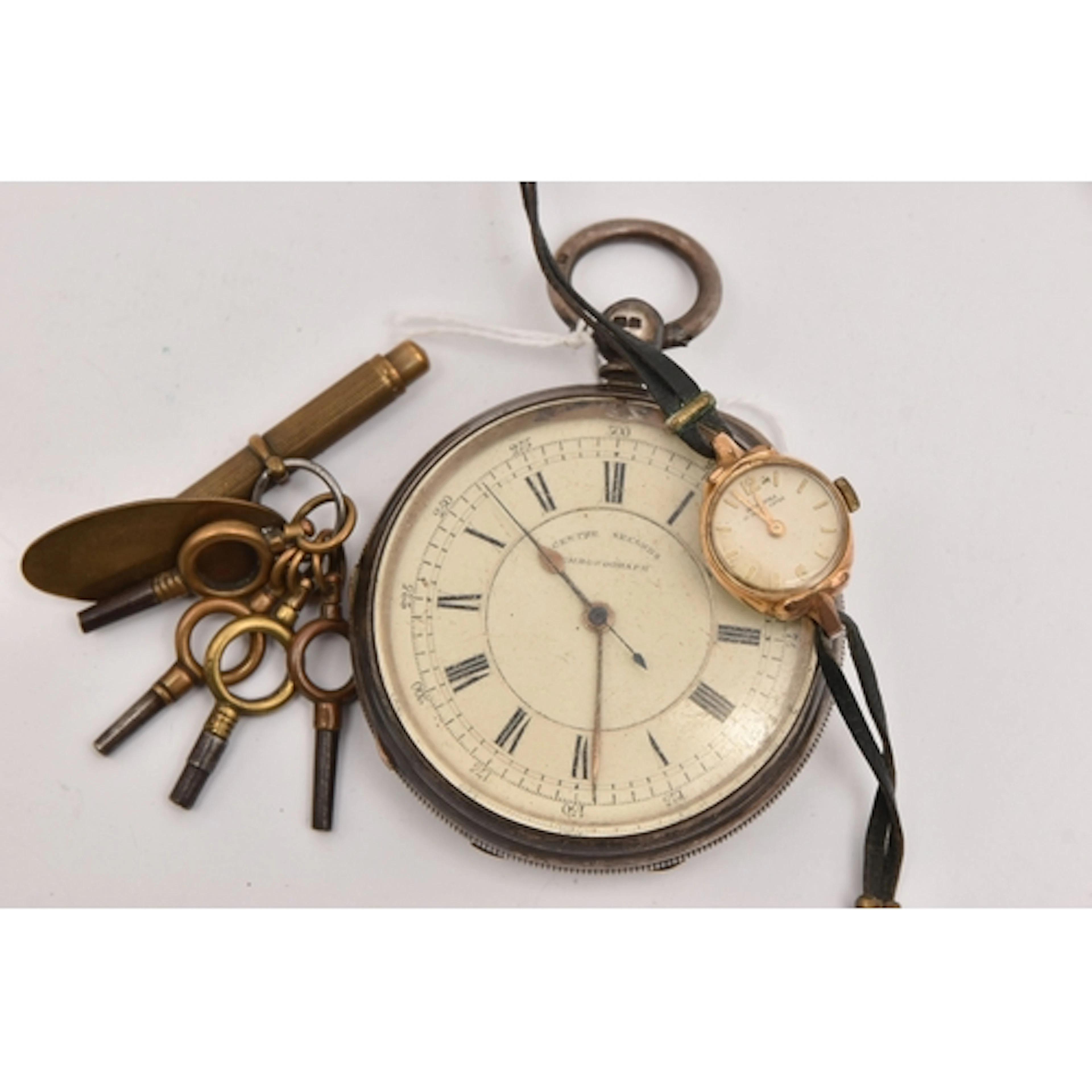 A SILVER OPEN FACE POCKET WATCH AND A LADIES WRISTWATCH, the...