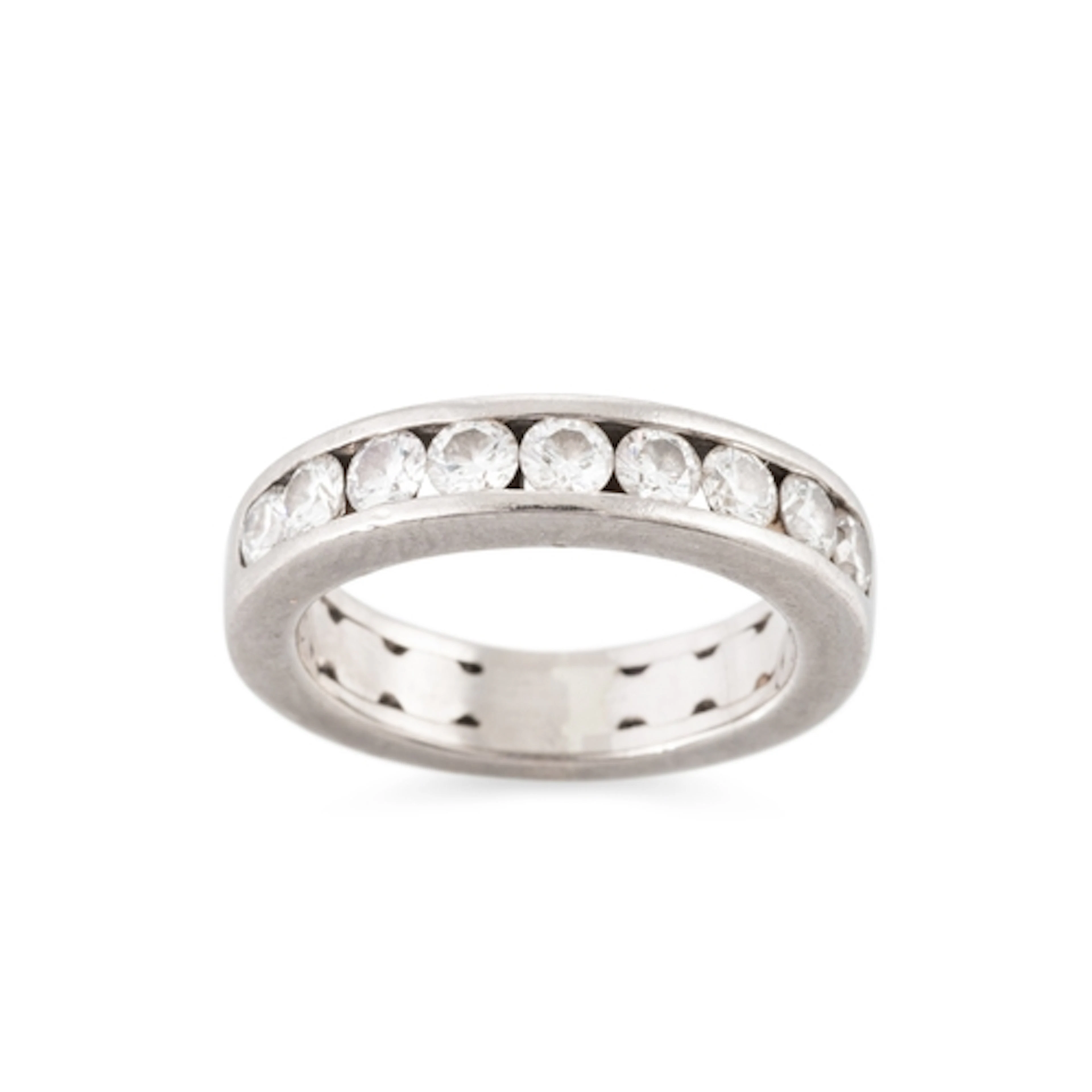 A DIAMOND HALF ETERNITY RING, mounted in 18ct white gold. Es...