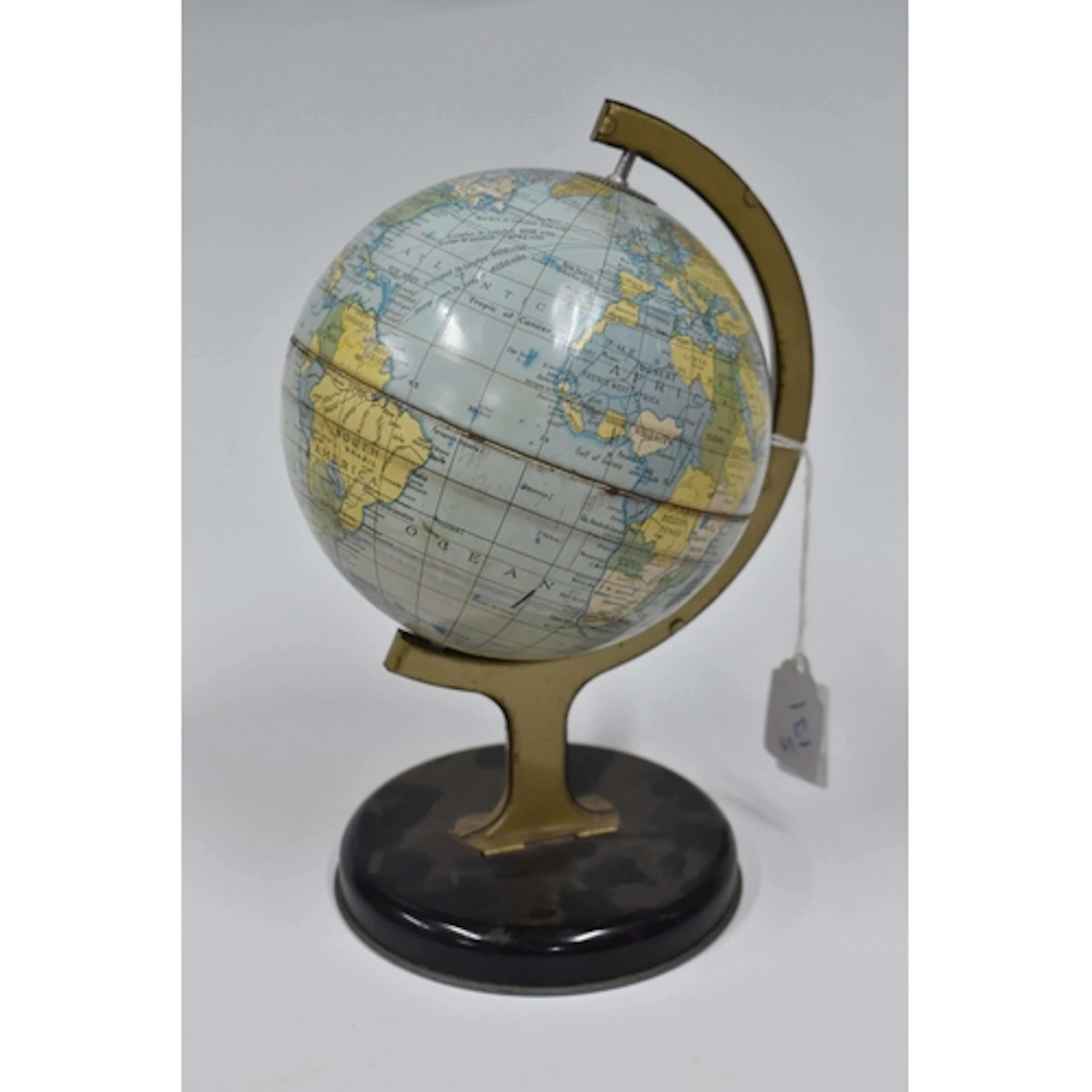 A VINTAGE CHAD VALLEY TIN PLATE GLOBE, 1950s toy tin plate w...