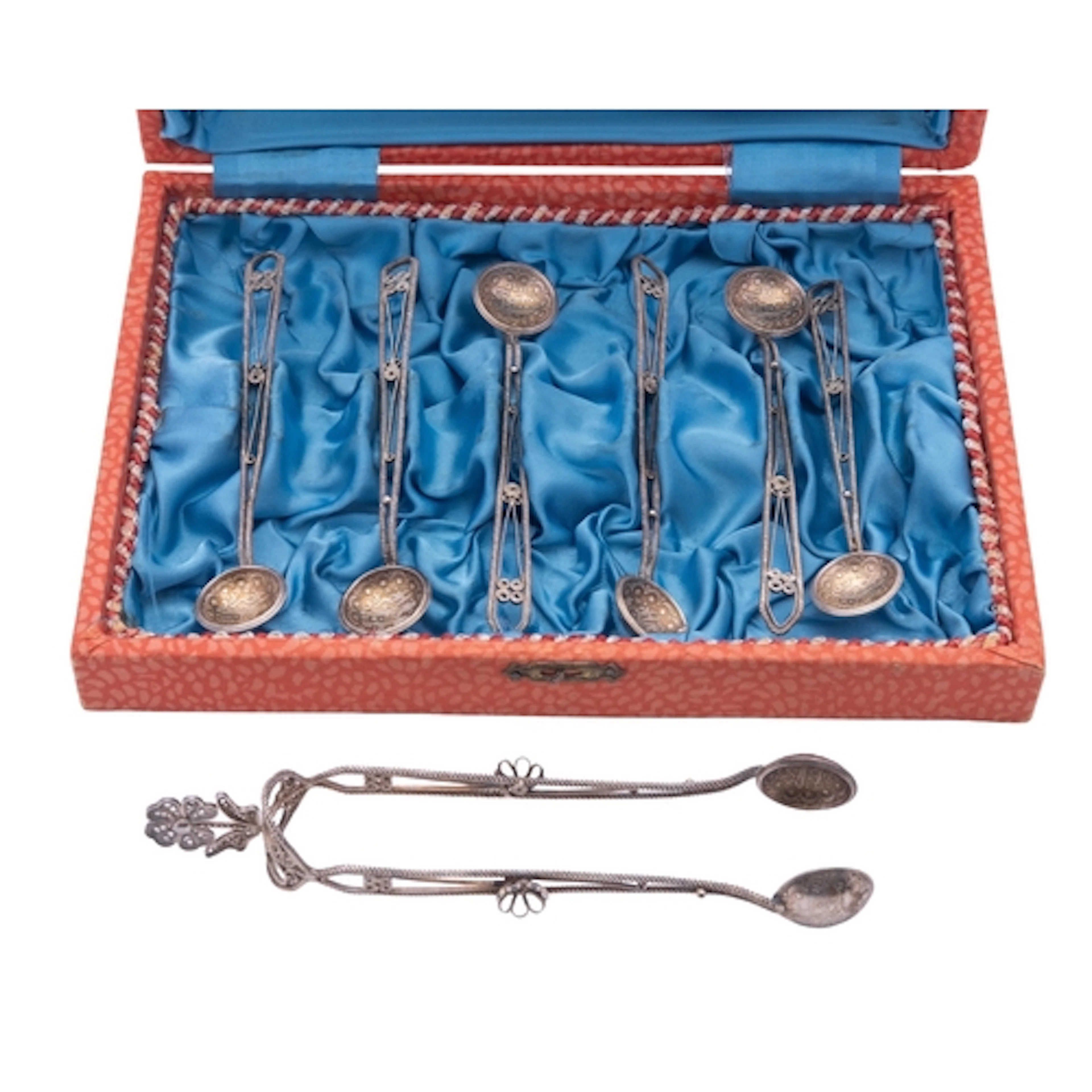 A cased set of six Turkish filigree silver spoons & matching...