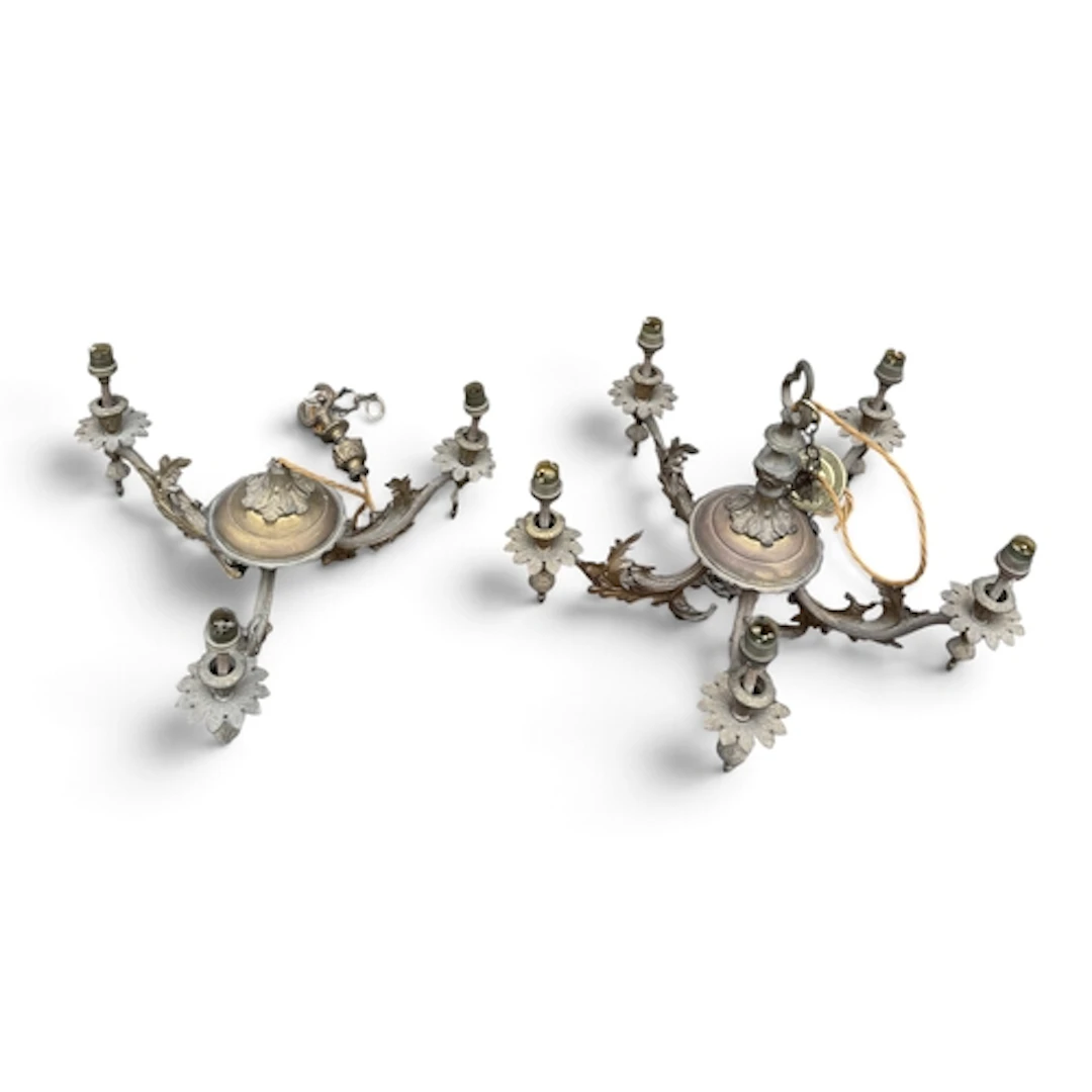 A FIVE ARM BRASS CHANDELIER TOGETHER WITH A THREE ARM CEILIN...