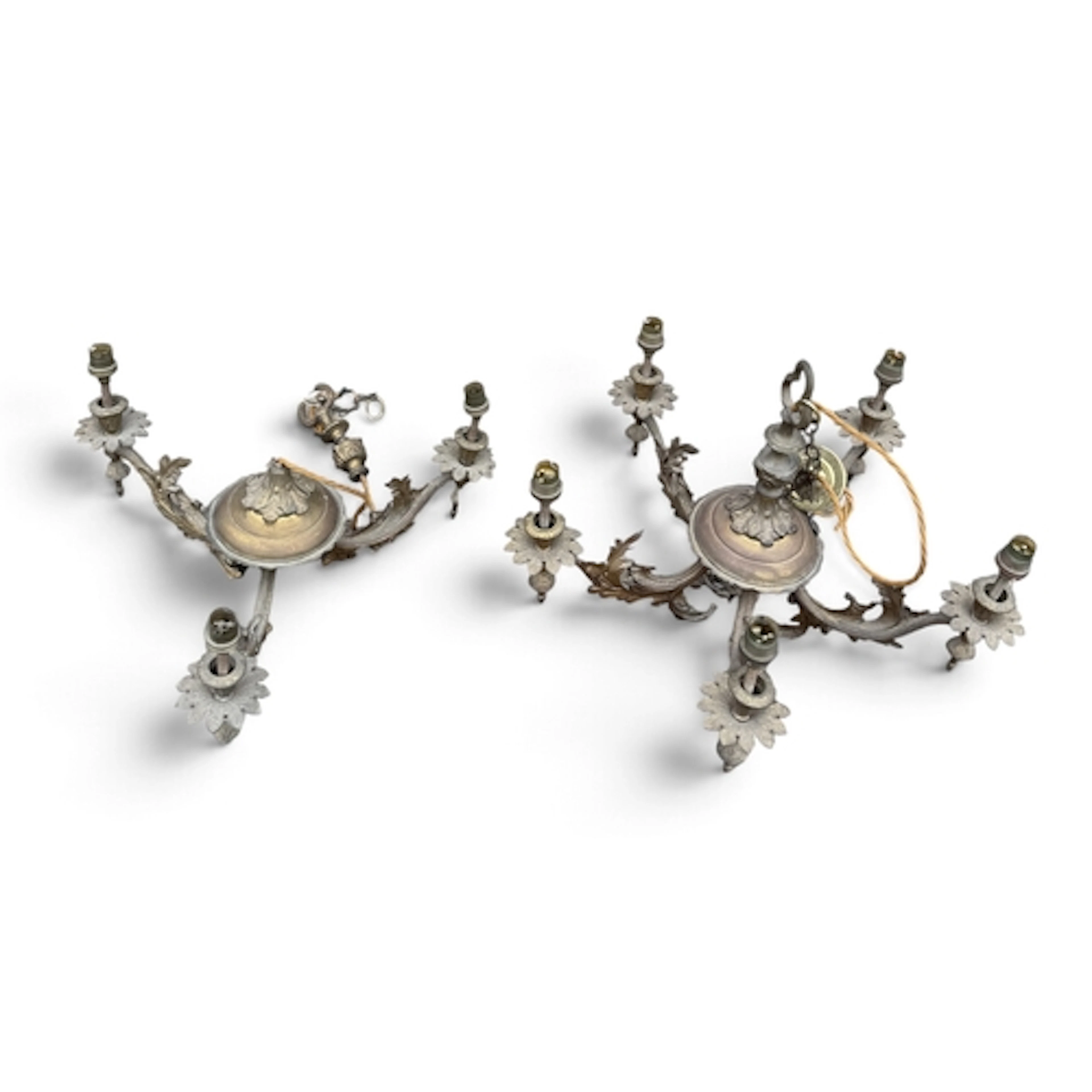 A FIVE ARM BRASS CHANDELIER TOGETHER WITH A THREE ARM CEILIN...