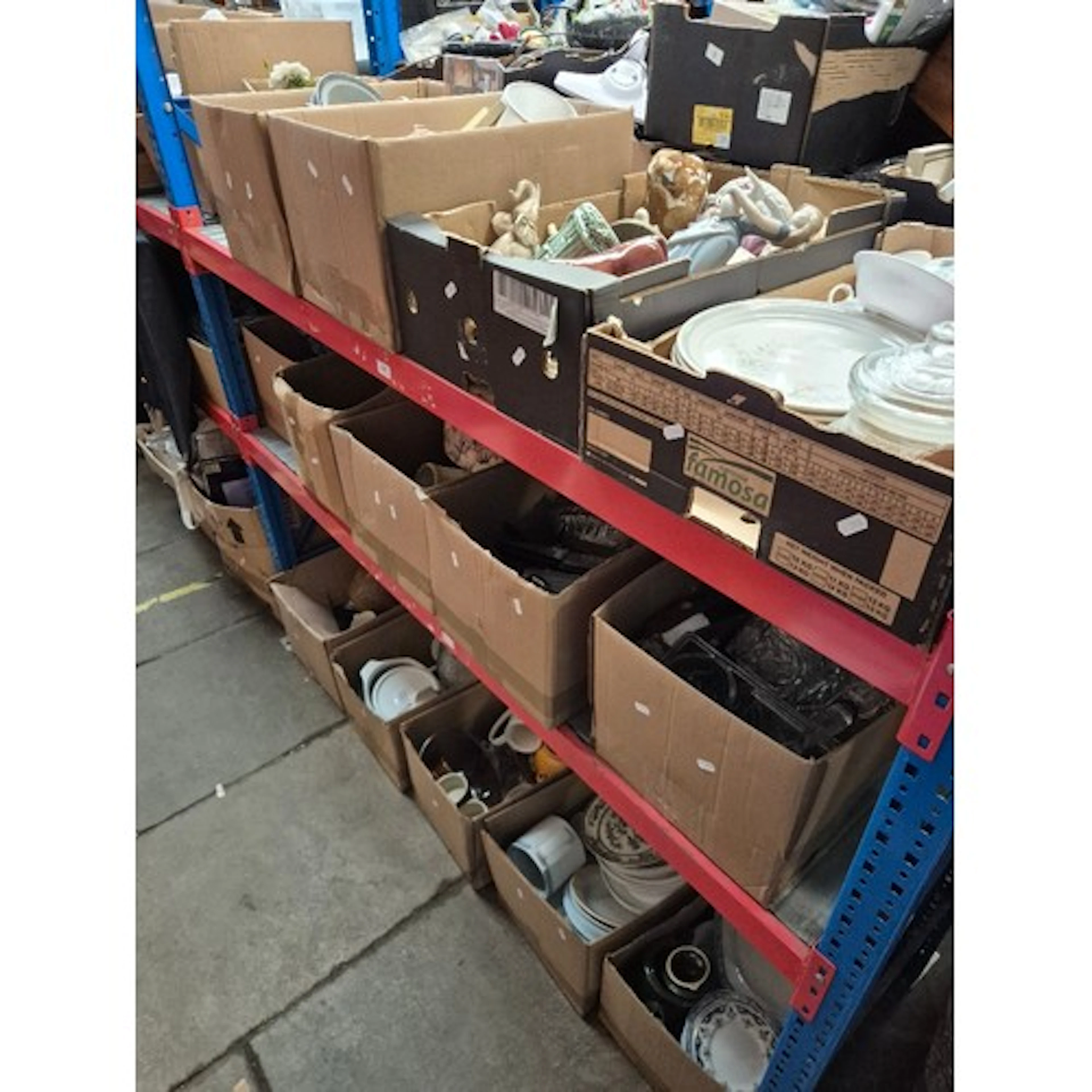 15 boxes (3 shelves) of mixed items to include glass storage...