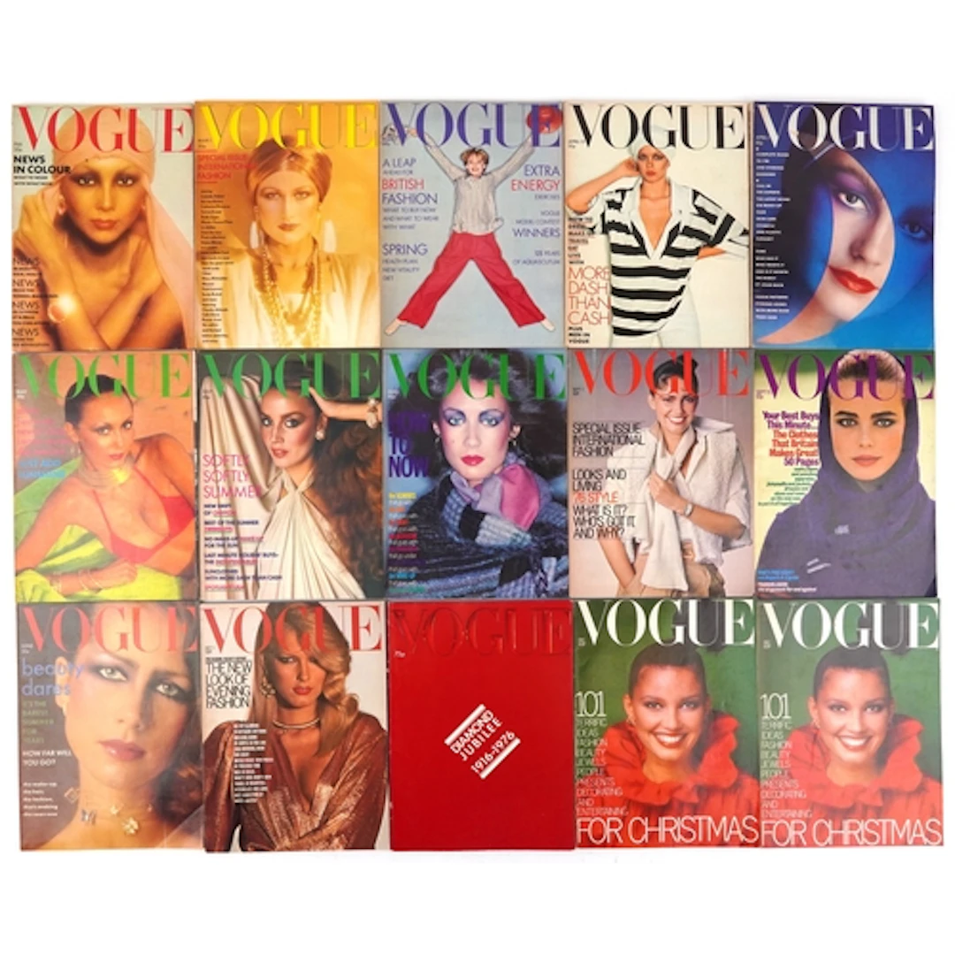 Collection of 1976 Vogue magazines.