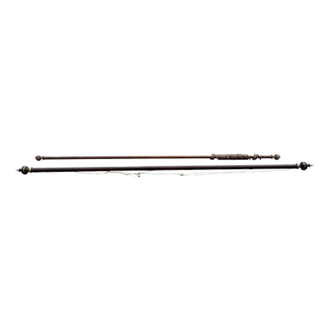 Two large wooden curtain poles and fixings, widths 405cm and...