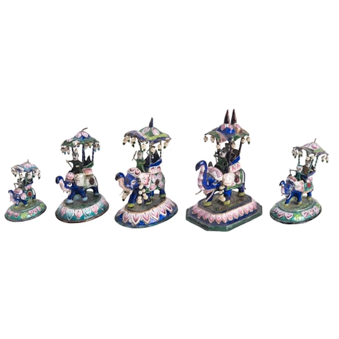 A group of five Indian enamelled white metal models of eleph...