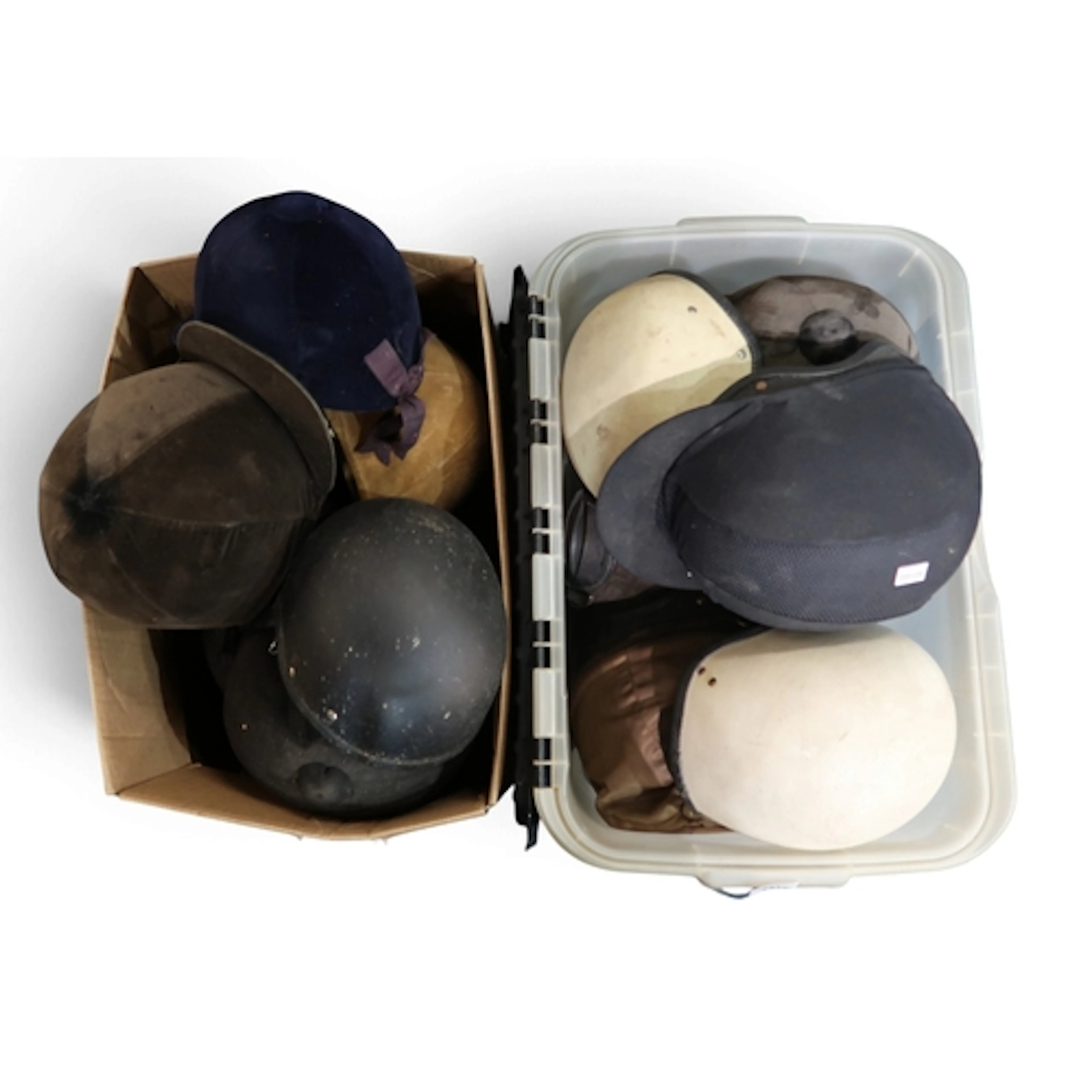 Equestrian helmets, to include velvet hunt caps by Pytchley,...