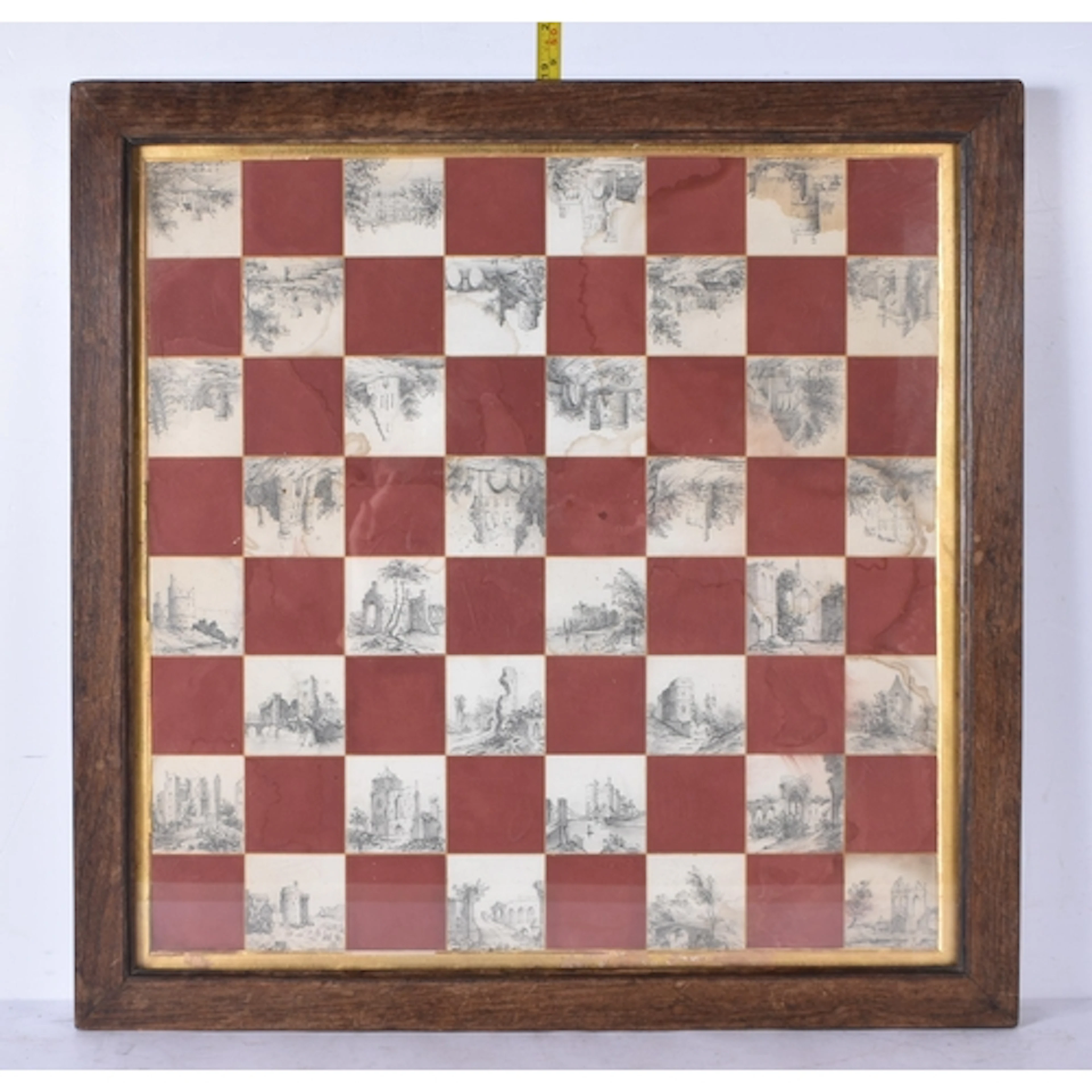 A rare framed antique chess board with small pencil drawing...