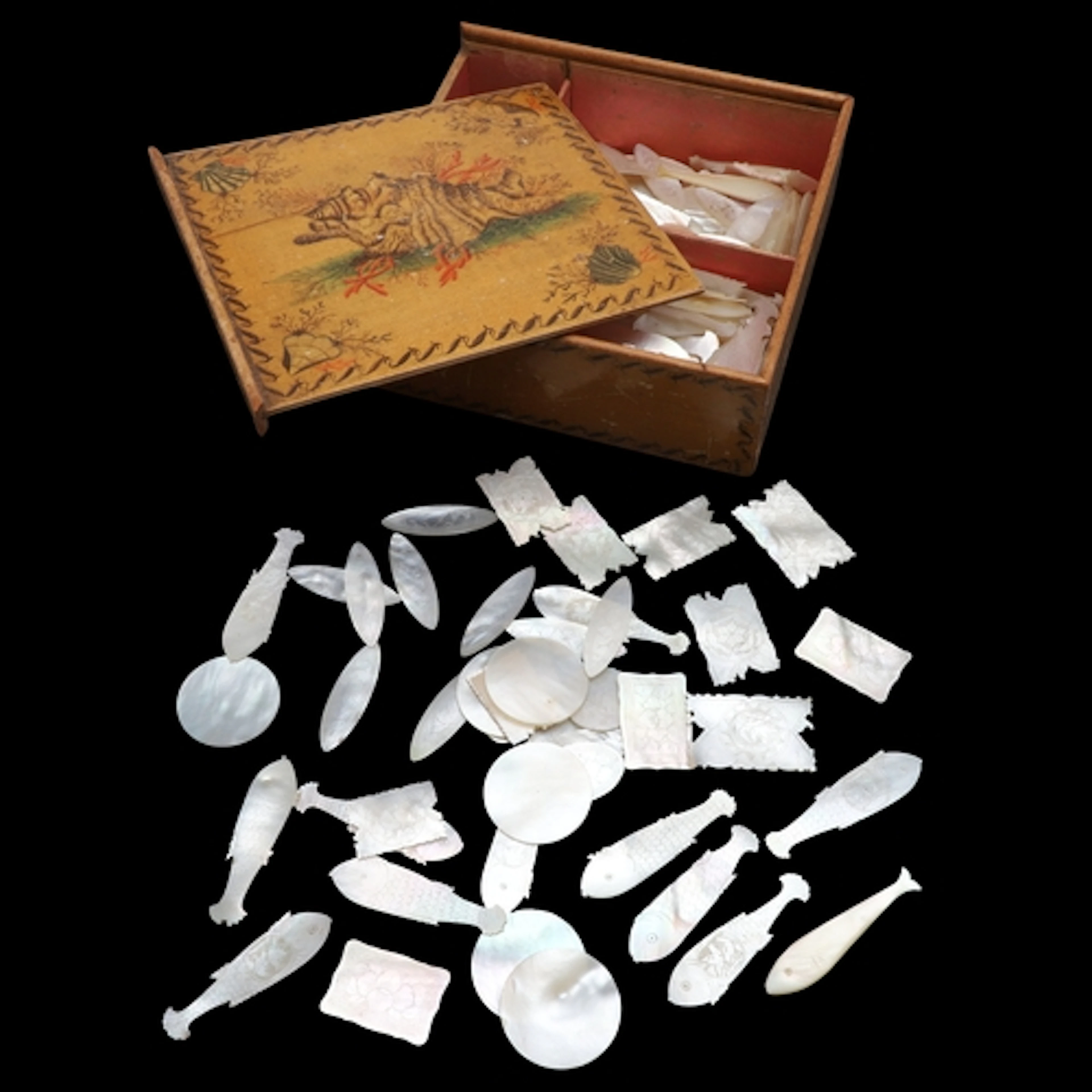 CHINESE MOTHER OF PEARL COUNTERS & 19THC BOX. A large qty of...