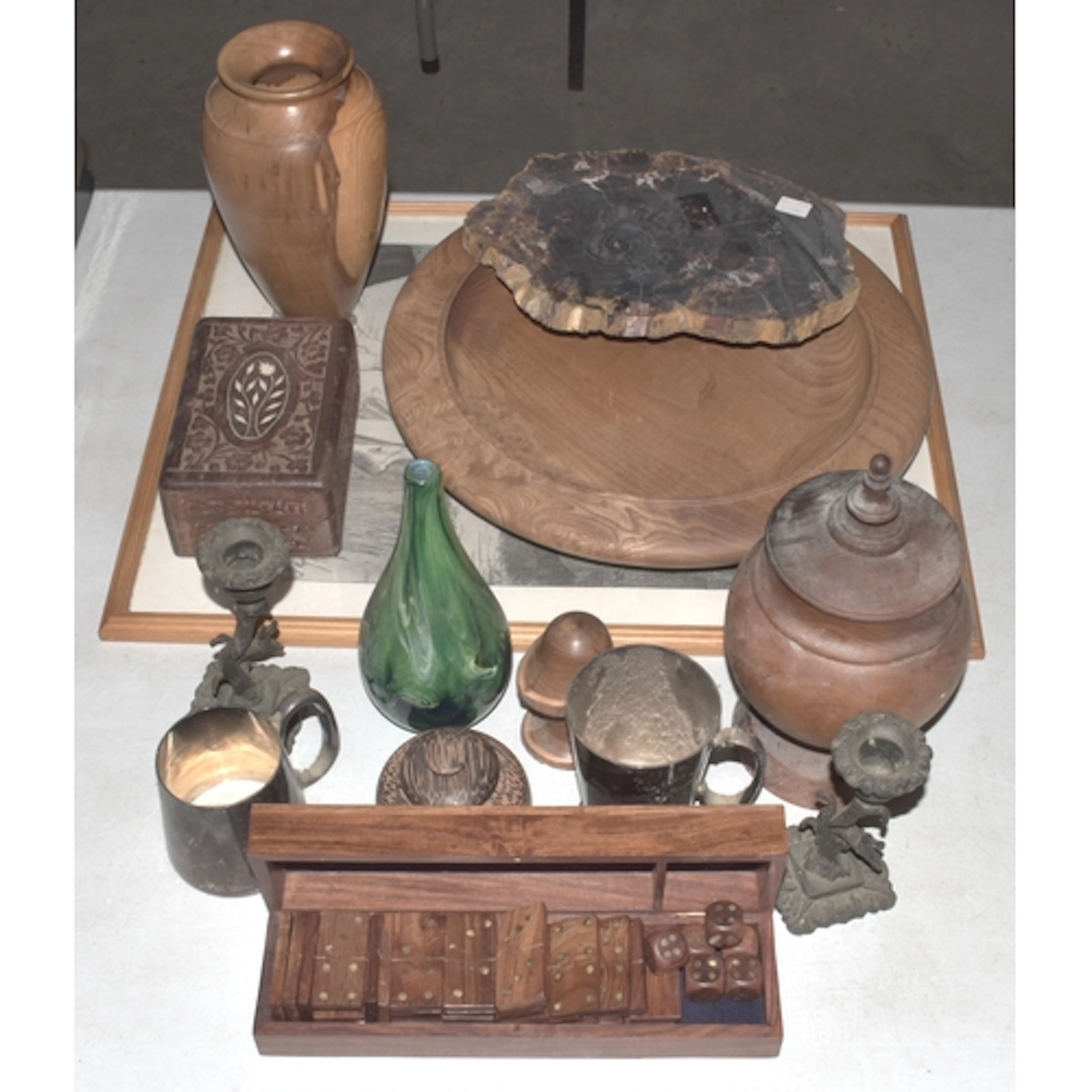 A piece of fossilised yew wood, a yew wood vase by Brian Tho...