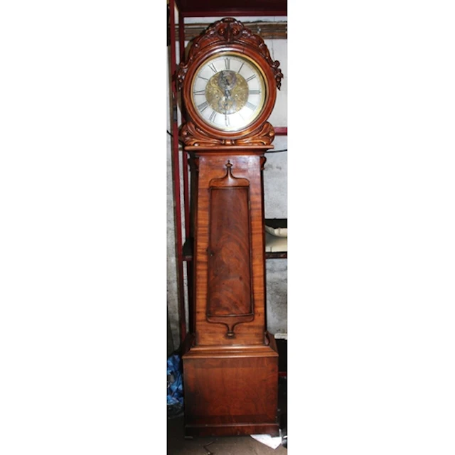 Victorian mahogany drumhead grandfather clock, the brass dia...