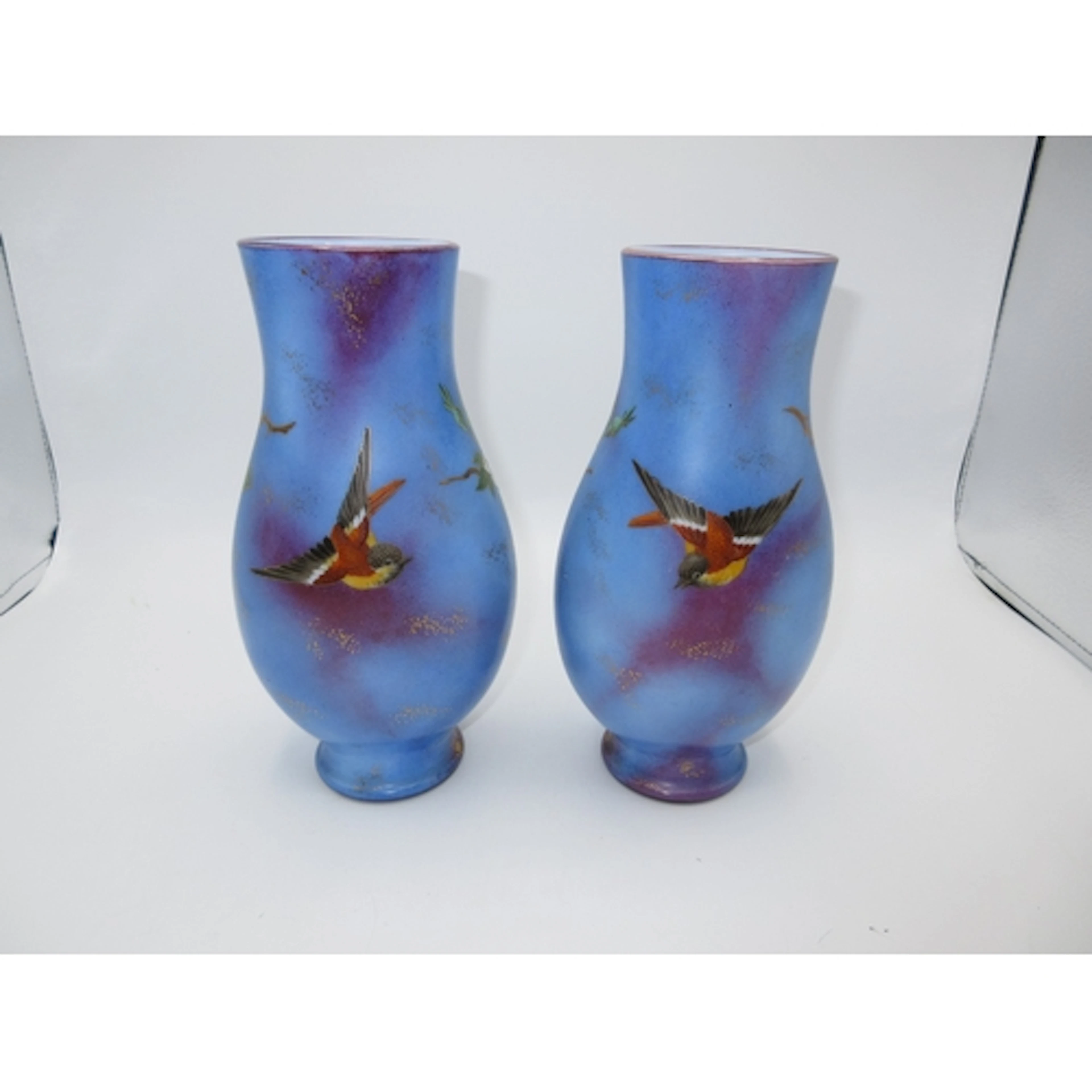Pair of 1920's Glass Vases Painted with Birds and Flowers, 2...
