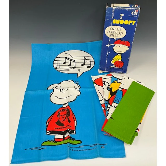 A Vintage boxed set of six French Snoopy textile posters, fo...