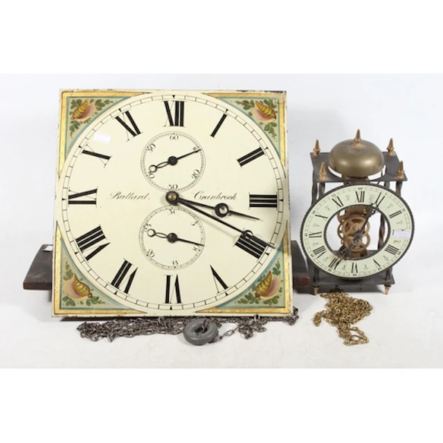 Grandfather clock face, Ballard Cranbrook and a smaller cloc...