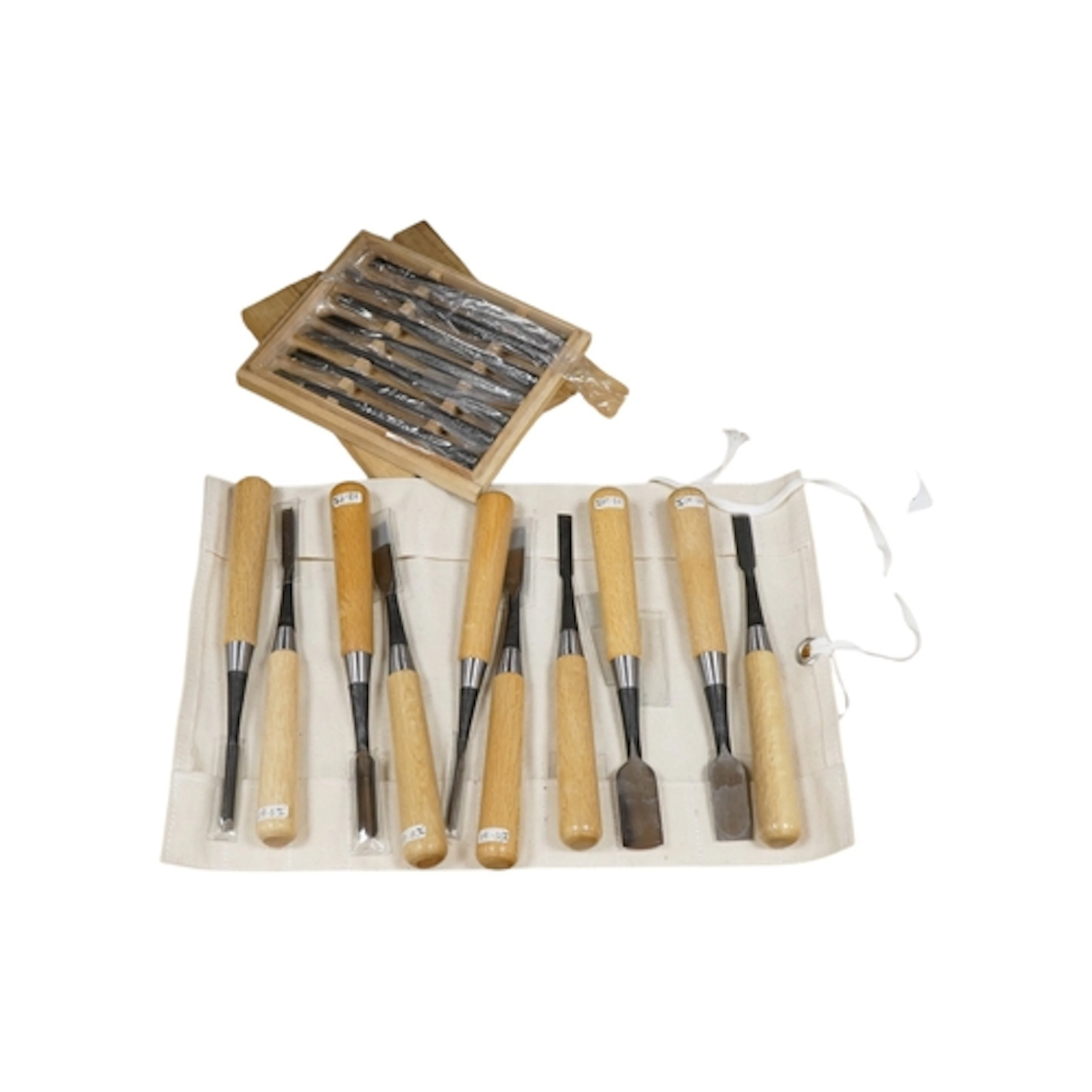 Two sets of Japanese chisels; a wood cased set of seven mini...