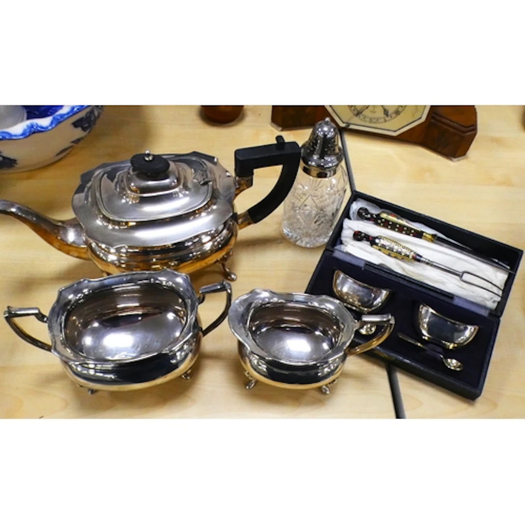 Silver plated three piece tea service, pair of ep salt cella...