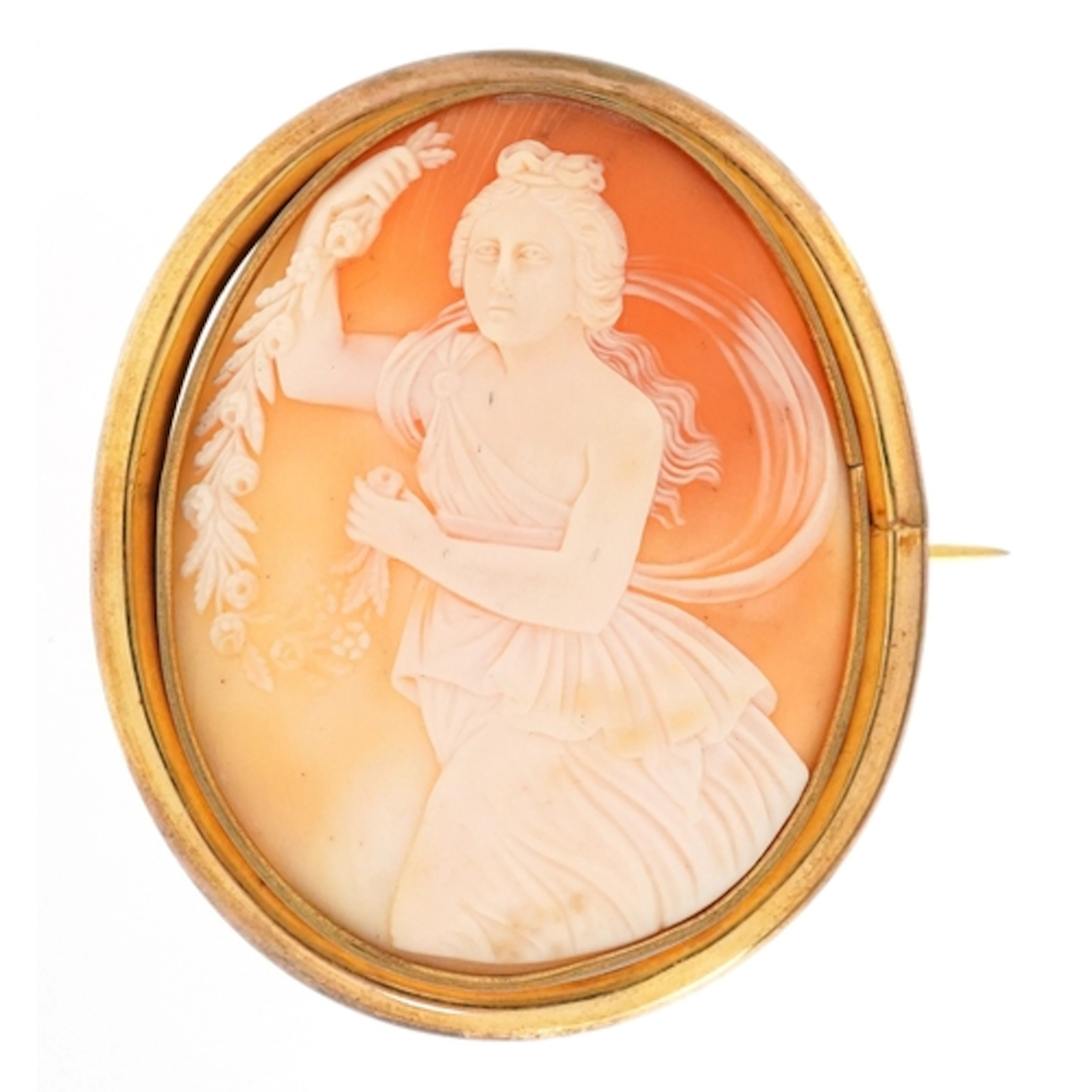 Victorian yellow metal cameo shell brooch carved with a maid...