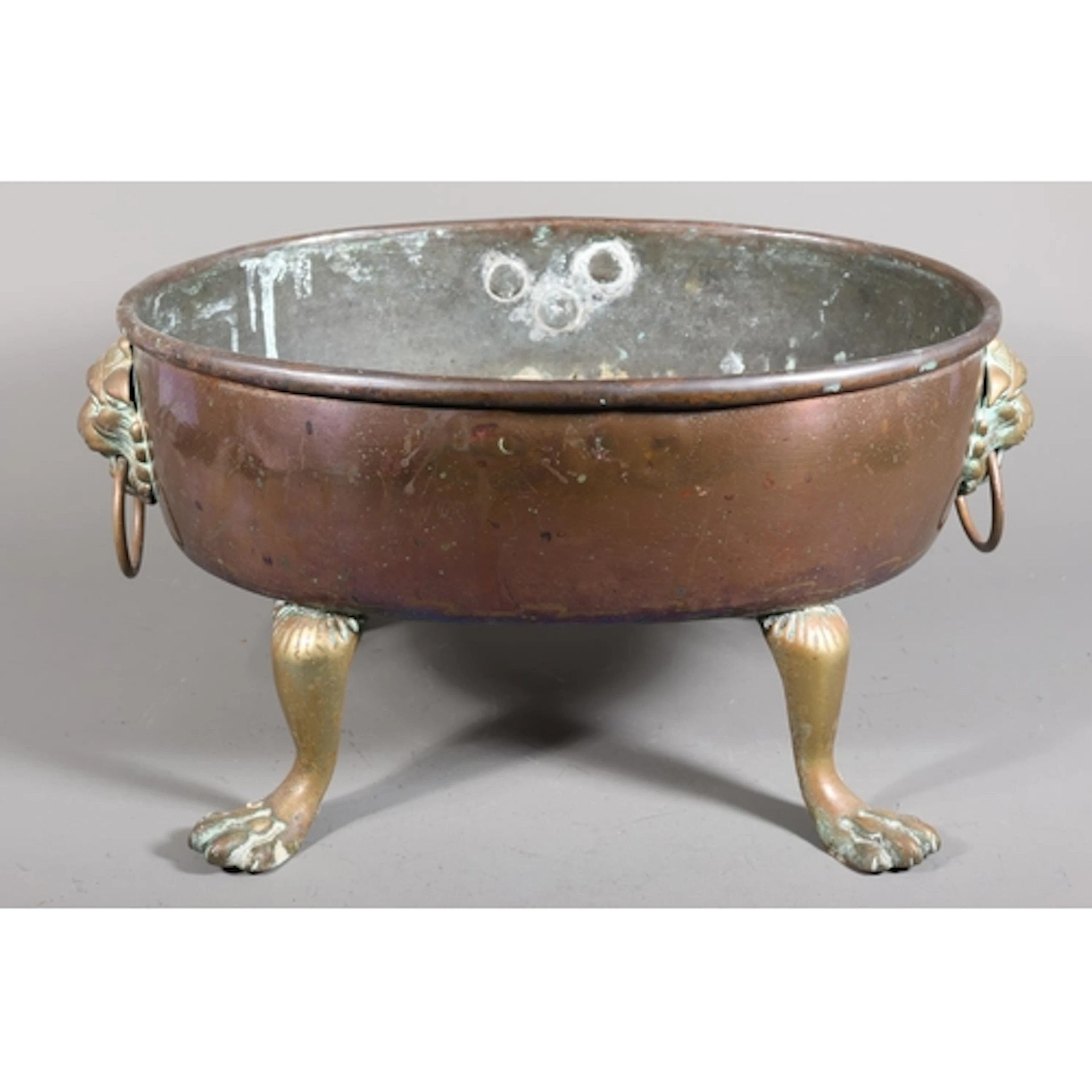 Antique copper and brass oval planter having roll over edge,...
