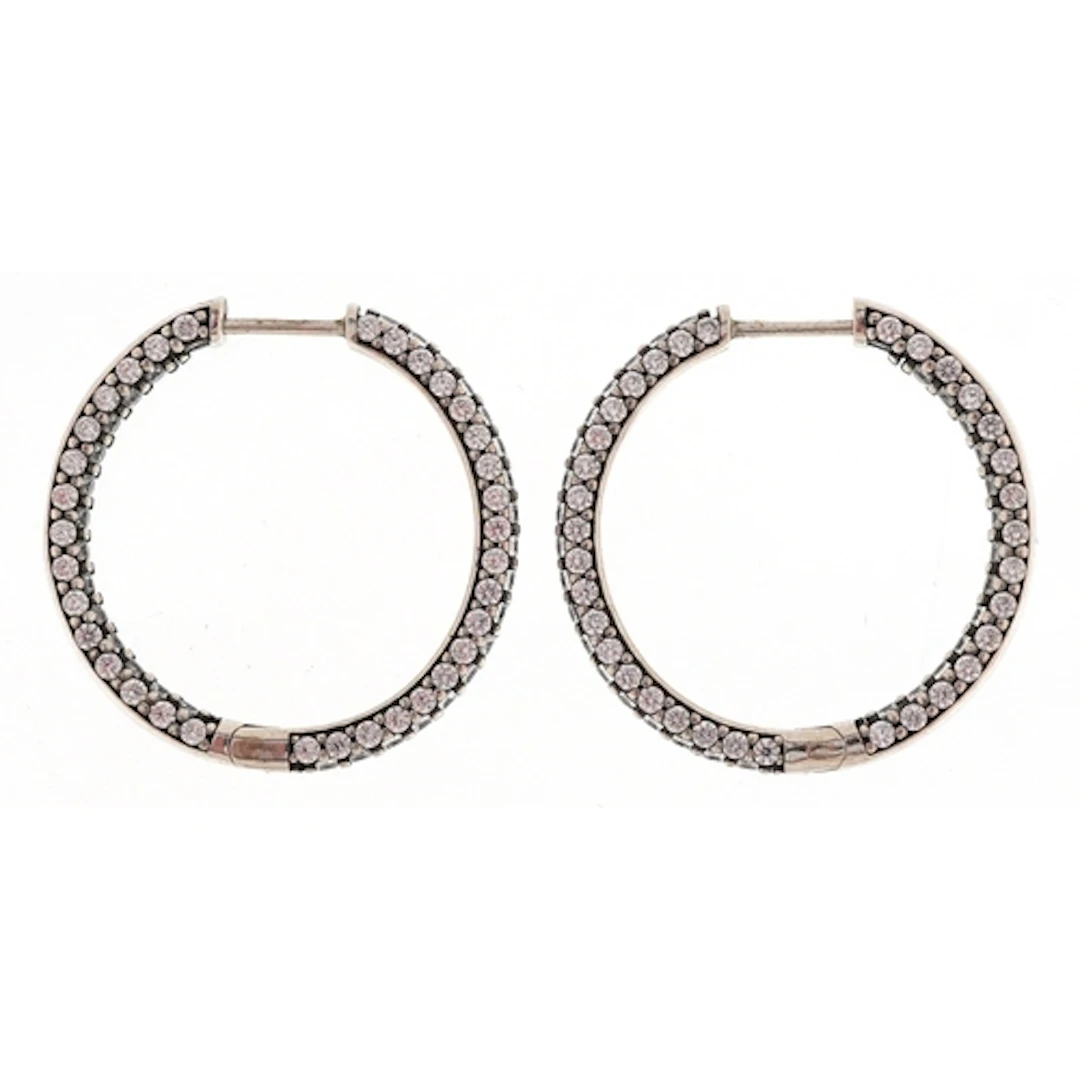 Pair of Pandora silver clear stone hoop earrings, 2.7cm in d...
