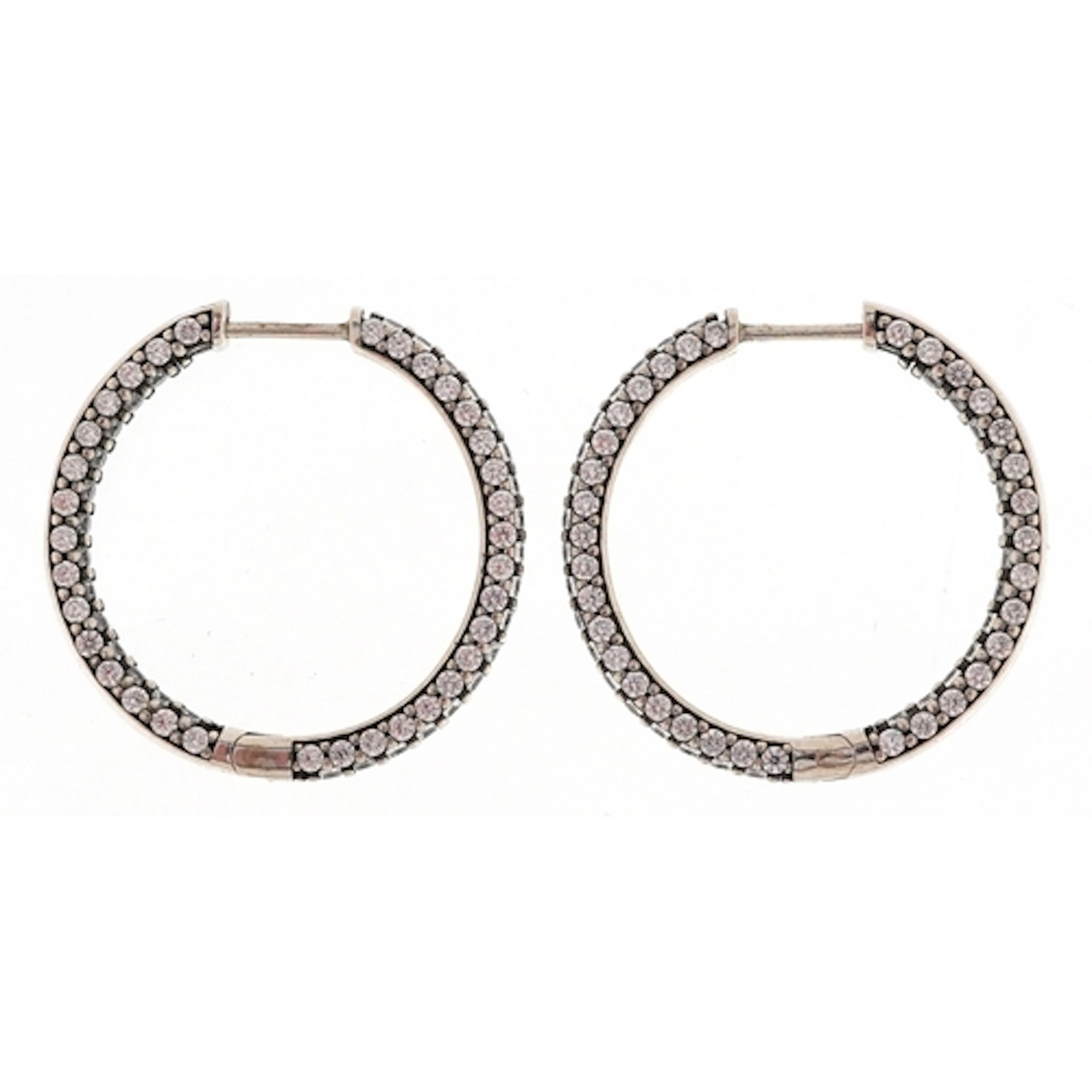 Pair of Pandora silver clear stone hoop earrings, 2.7cm in d...