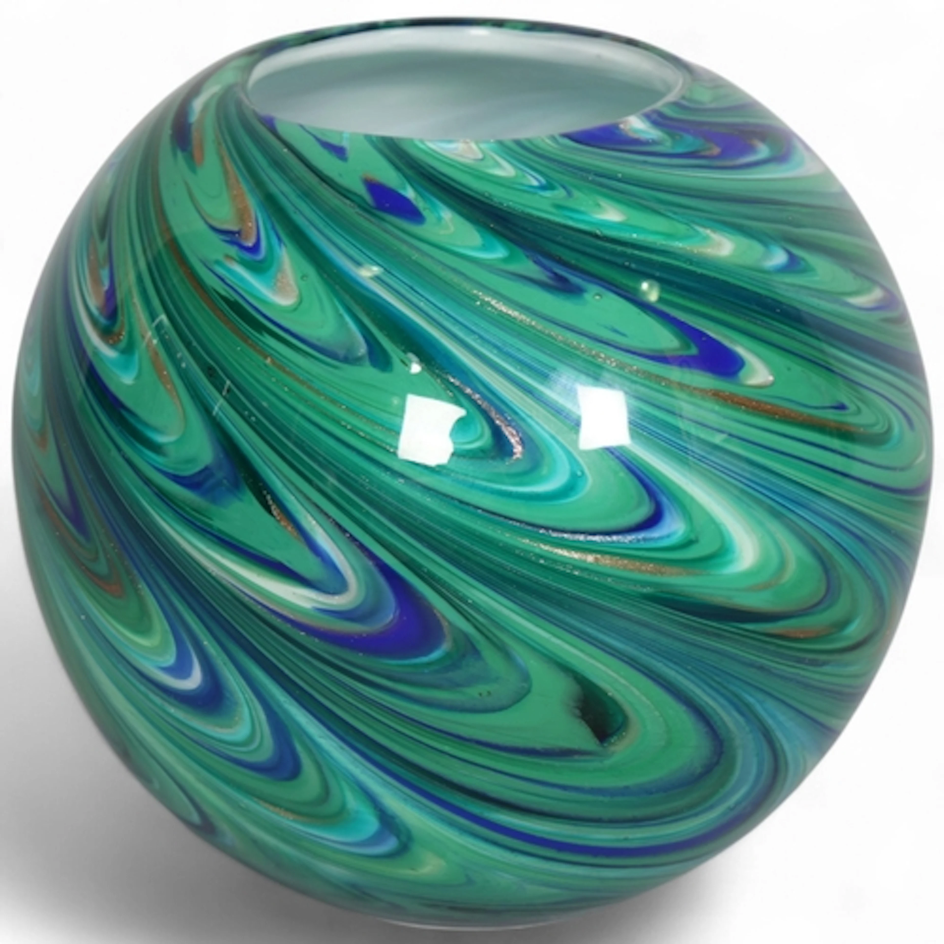 An art glass globe vase, with blue/green and lustre decor an...