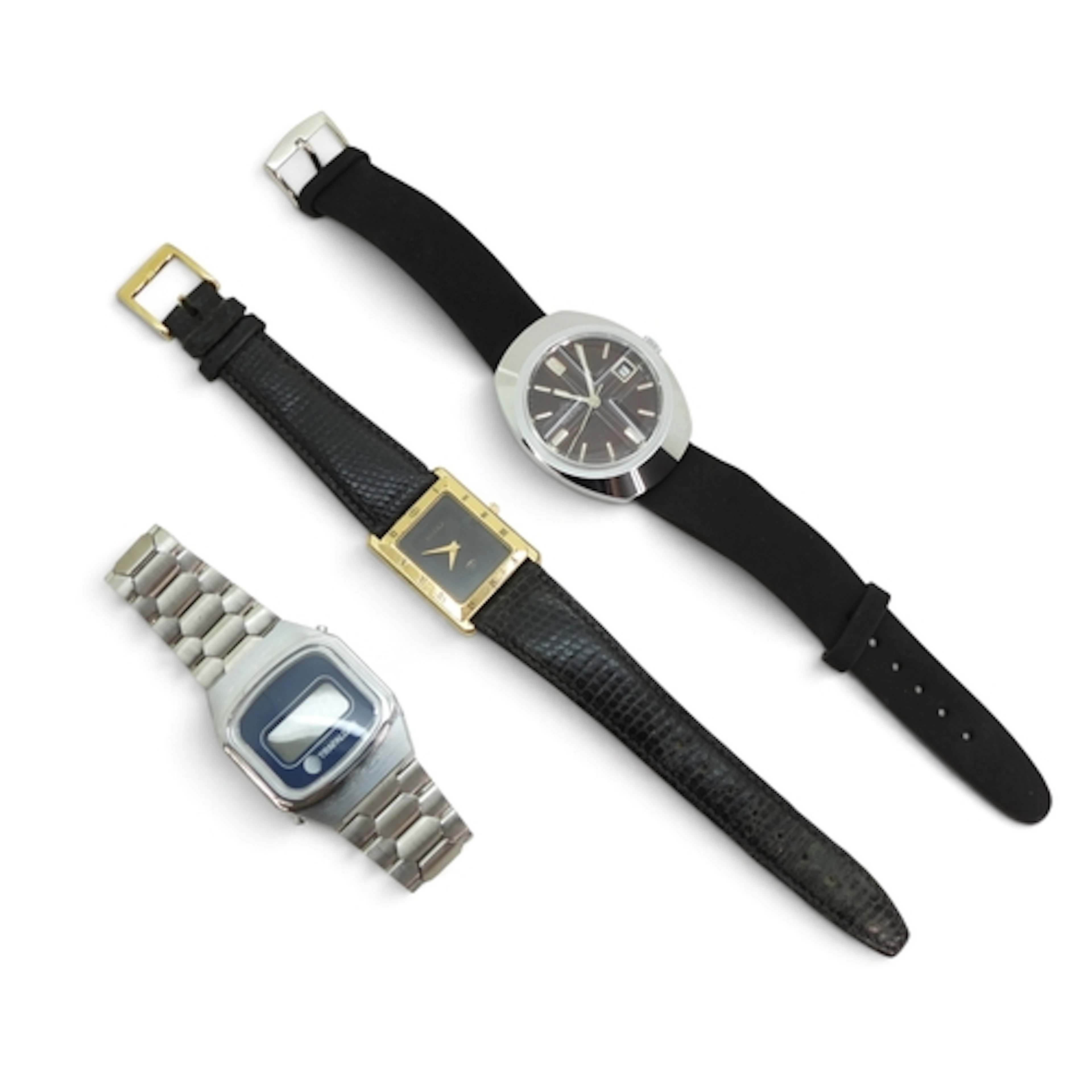 THREE VINTAGE WATCHES a gold plated Gucci watch with oblong ...