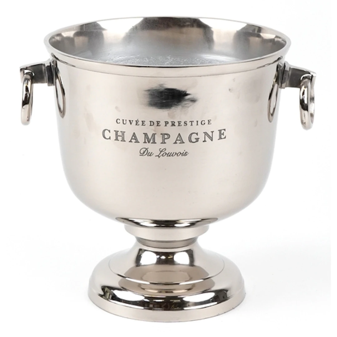 Du Louvois design chromed ice bucket with ring handles, 33.5...