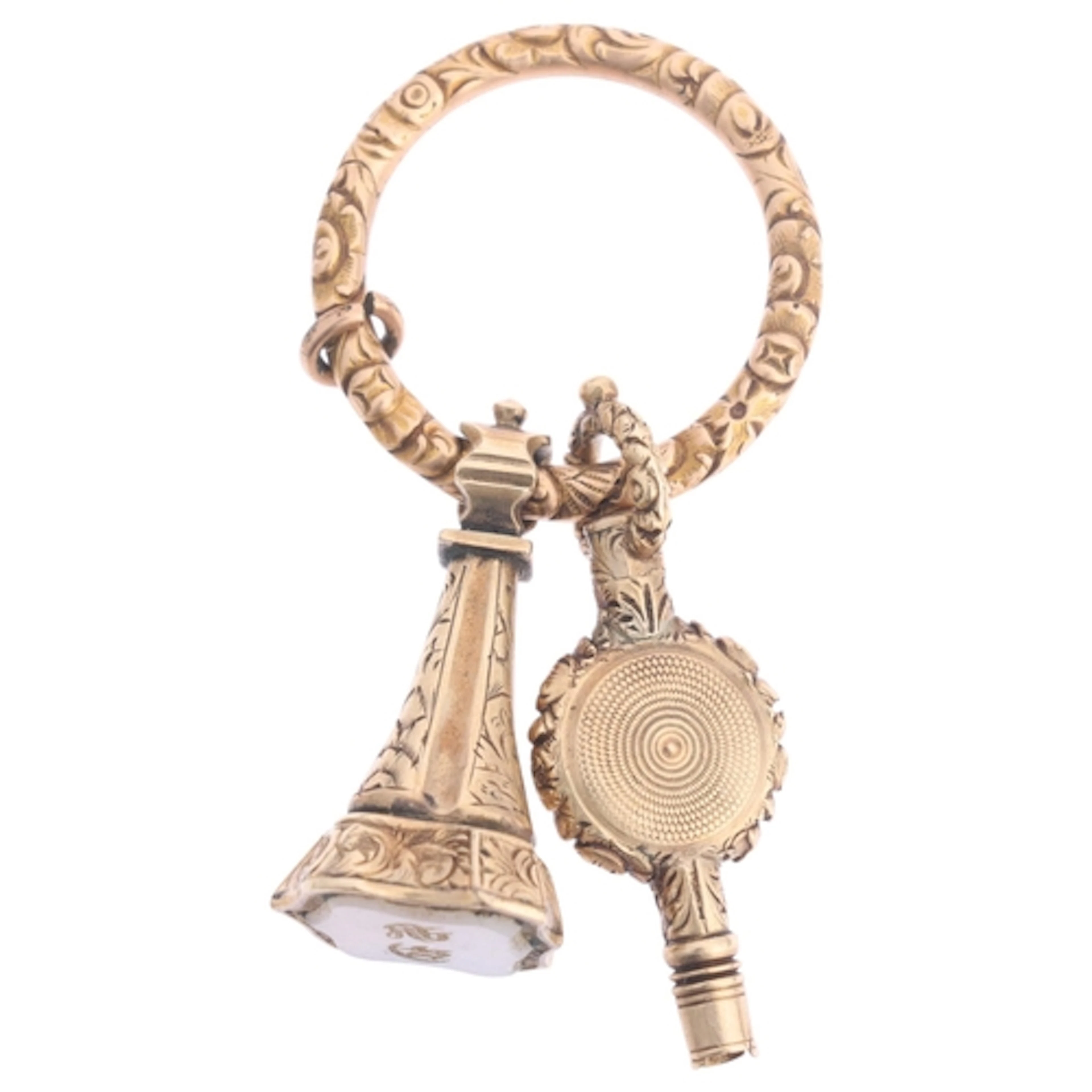 An Antique Georgian gold split ring and fobs, comprising poc...