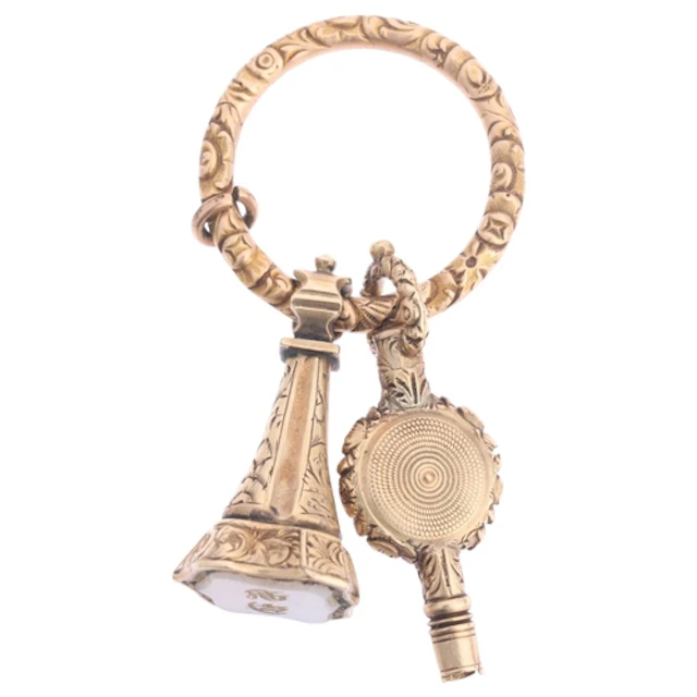 An Antique Georgian gold split ring and fobs, comprising poc...