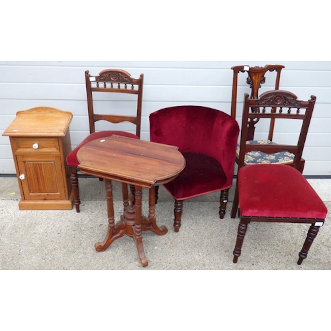 A pine bedside cabinet, occasional table, four chairs (6)