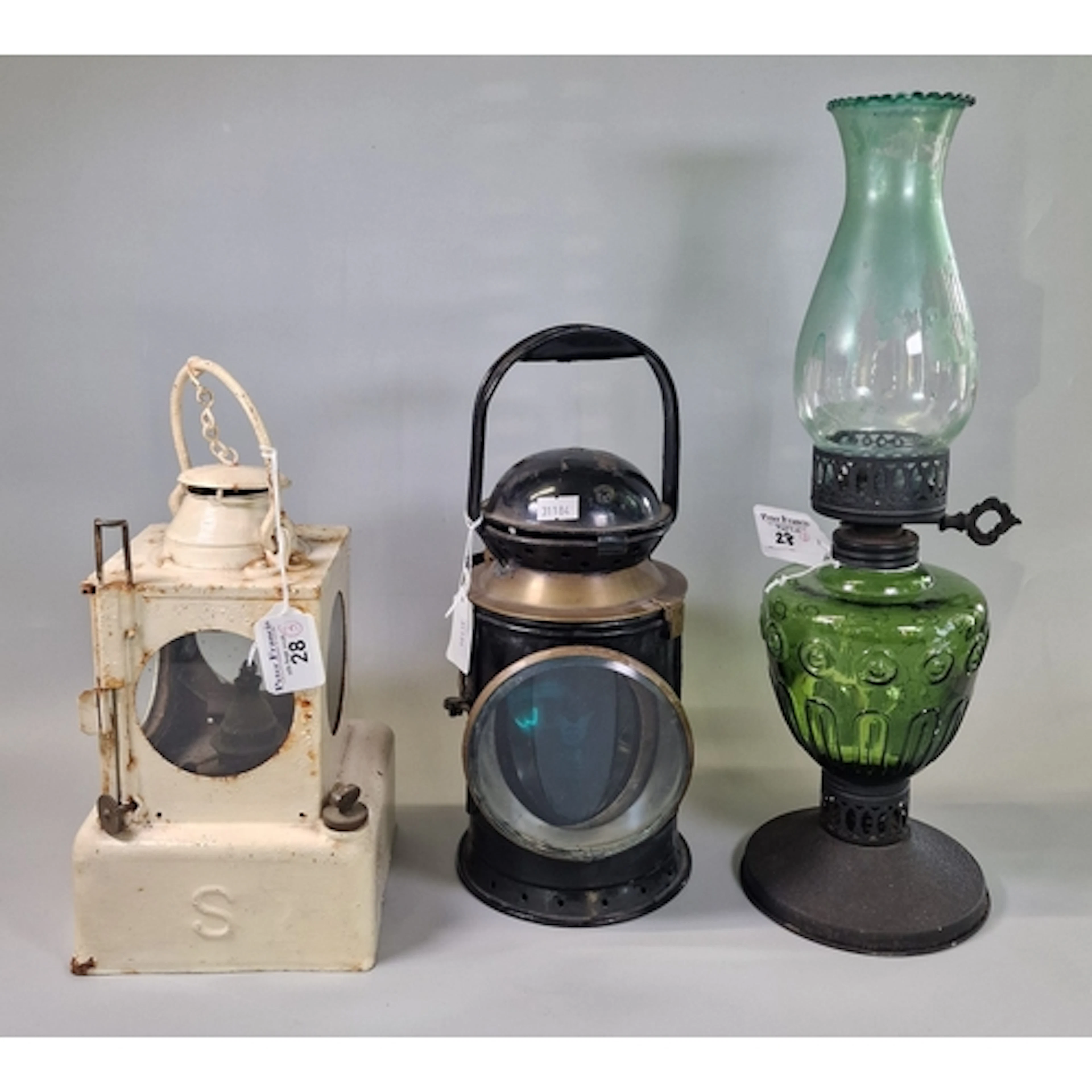 20th century single oil burner lamp with green reservoir, to...
