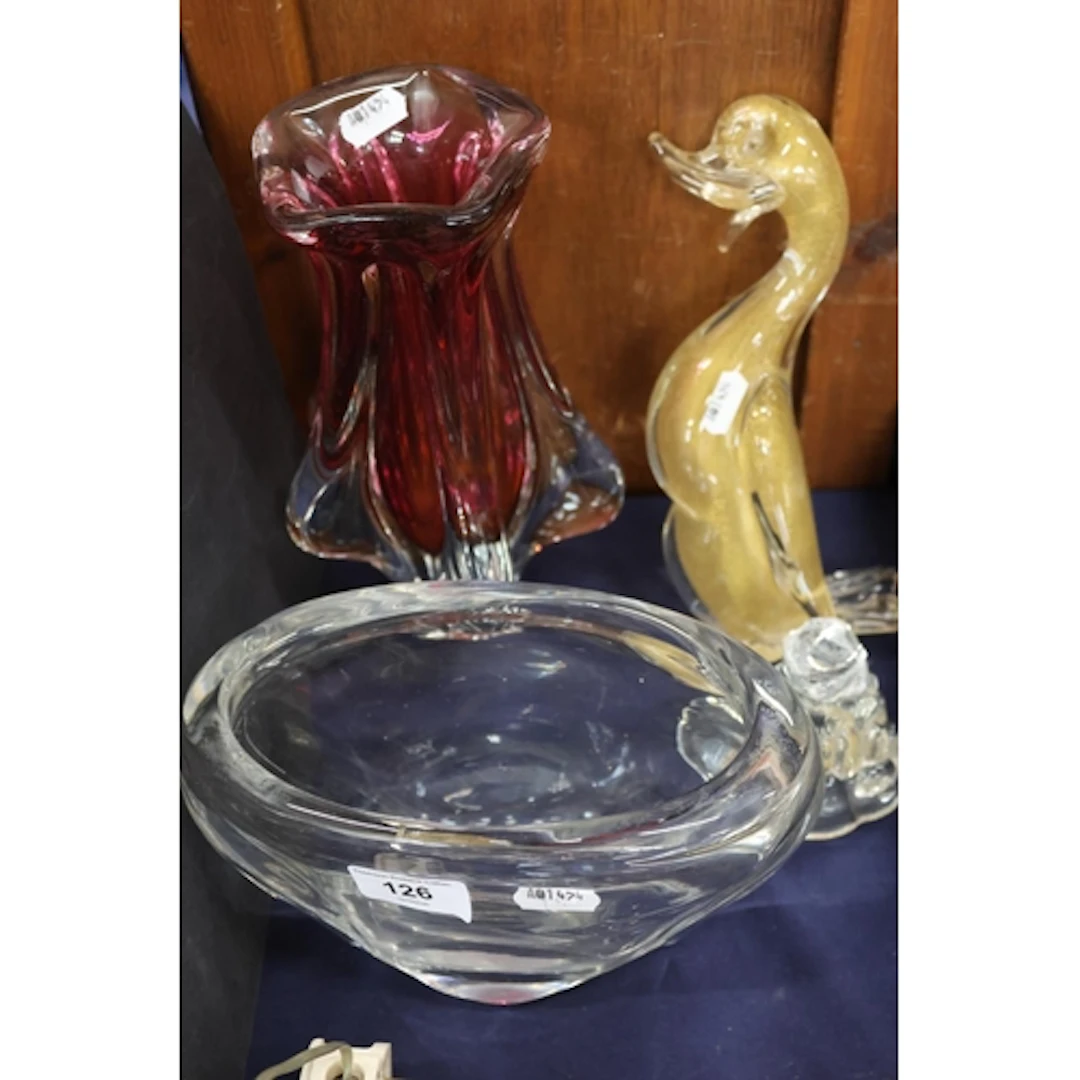 Two globular glass vases and a duck. (3) (a/f)