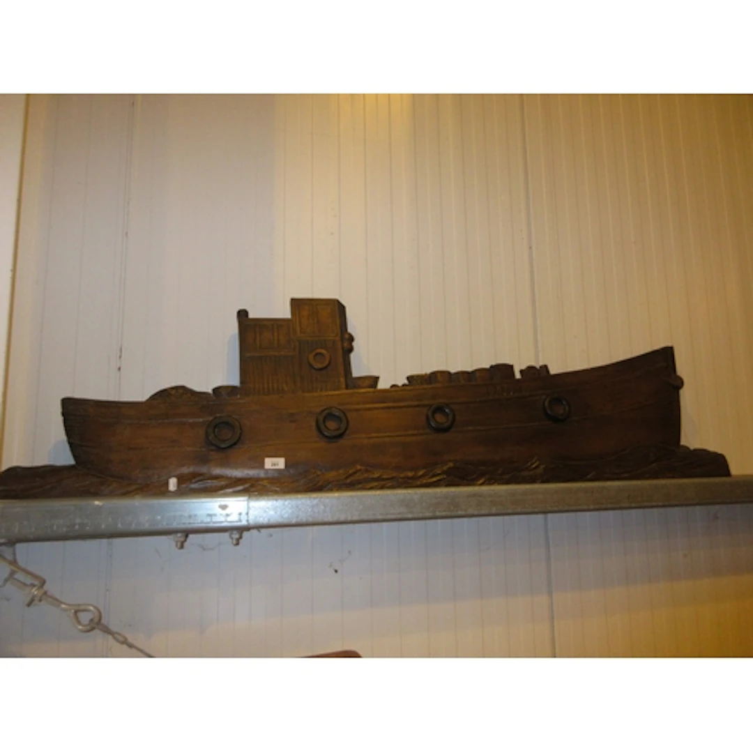 Colin S. Scott, Carved Wood Fishing Boat Wall Panel, 155cm l...