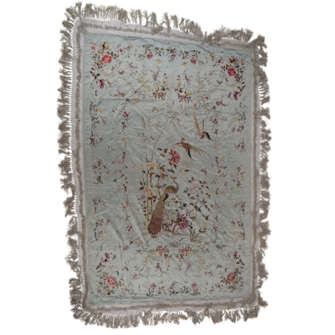 A large Chinese embroidered silk 'peacock and pheasants' bed...