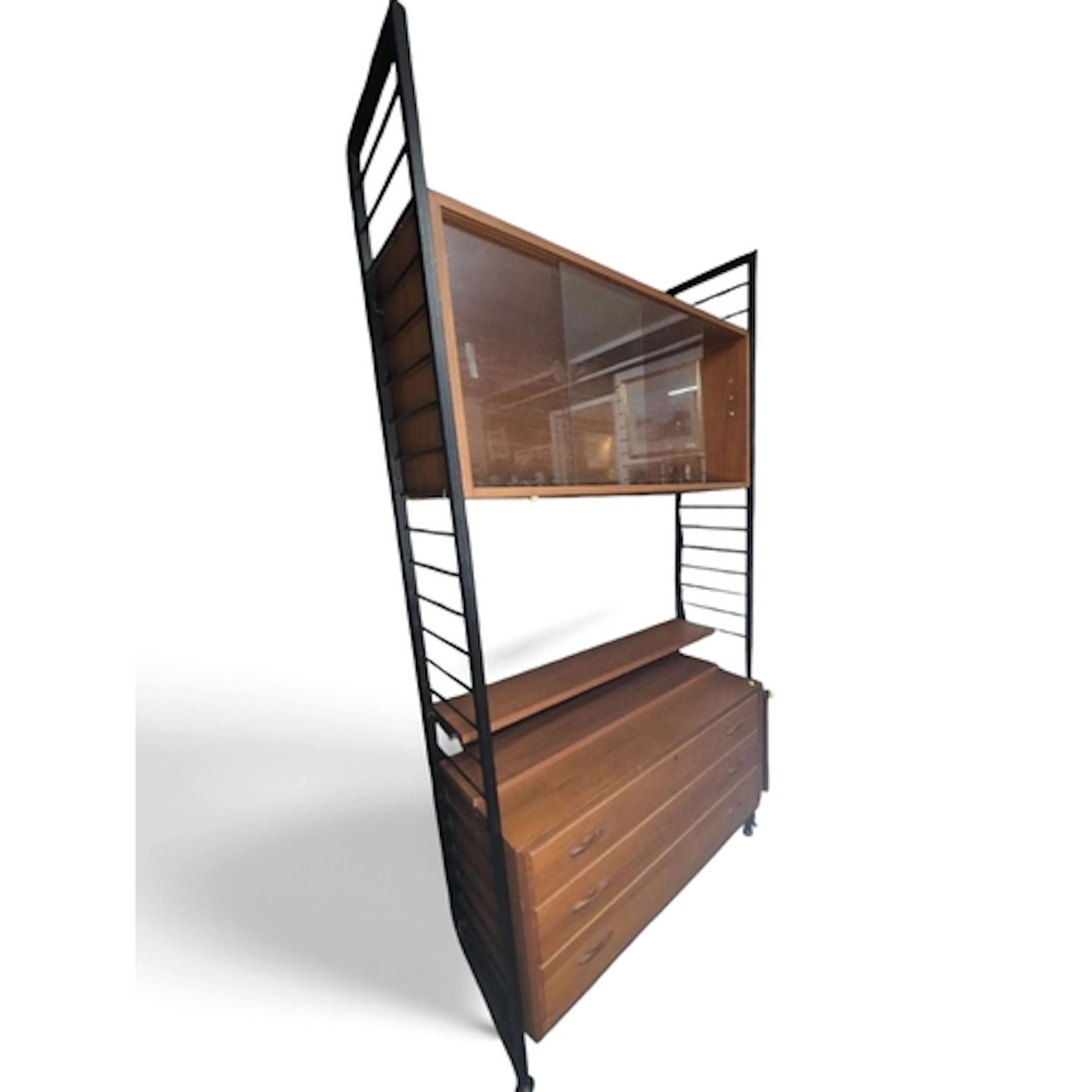 Vintage mid-century modular teak Ladderax shelving system de...