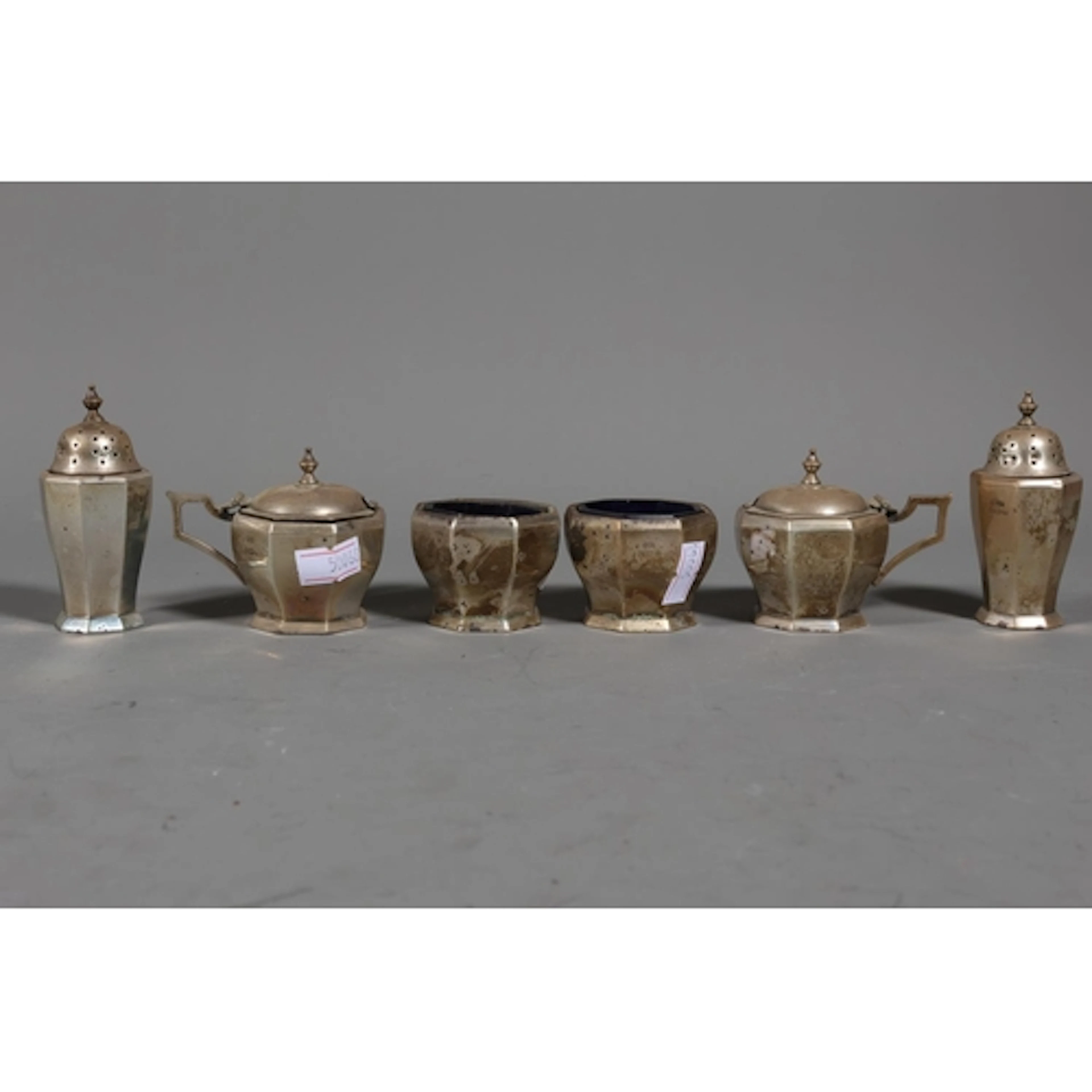 Six-piece Art Deco style silver cruet set by Mappin & We...