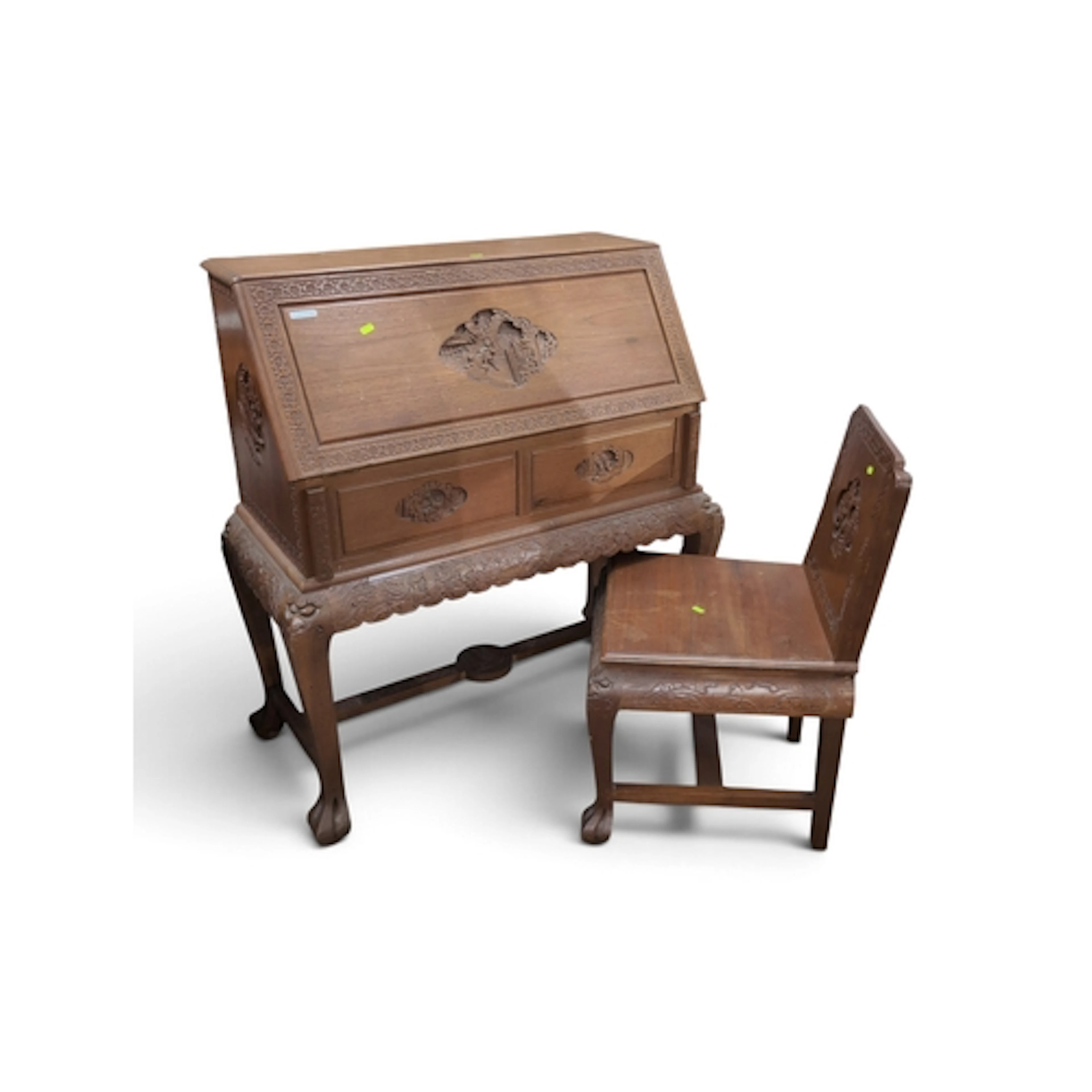 Intricately carved vintage Chinese hardwood slant-front bure...