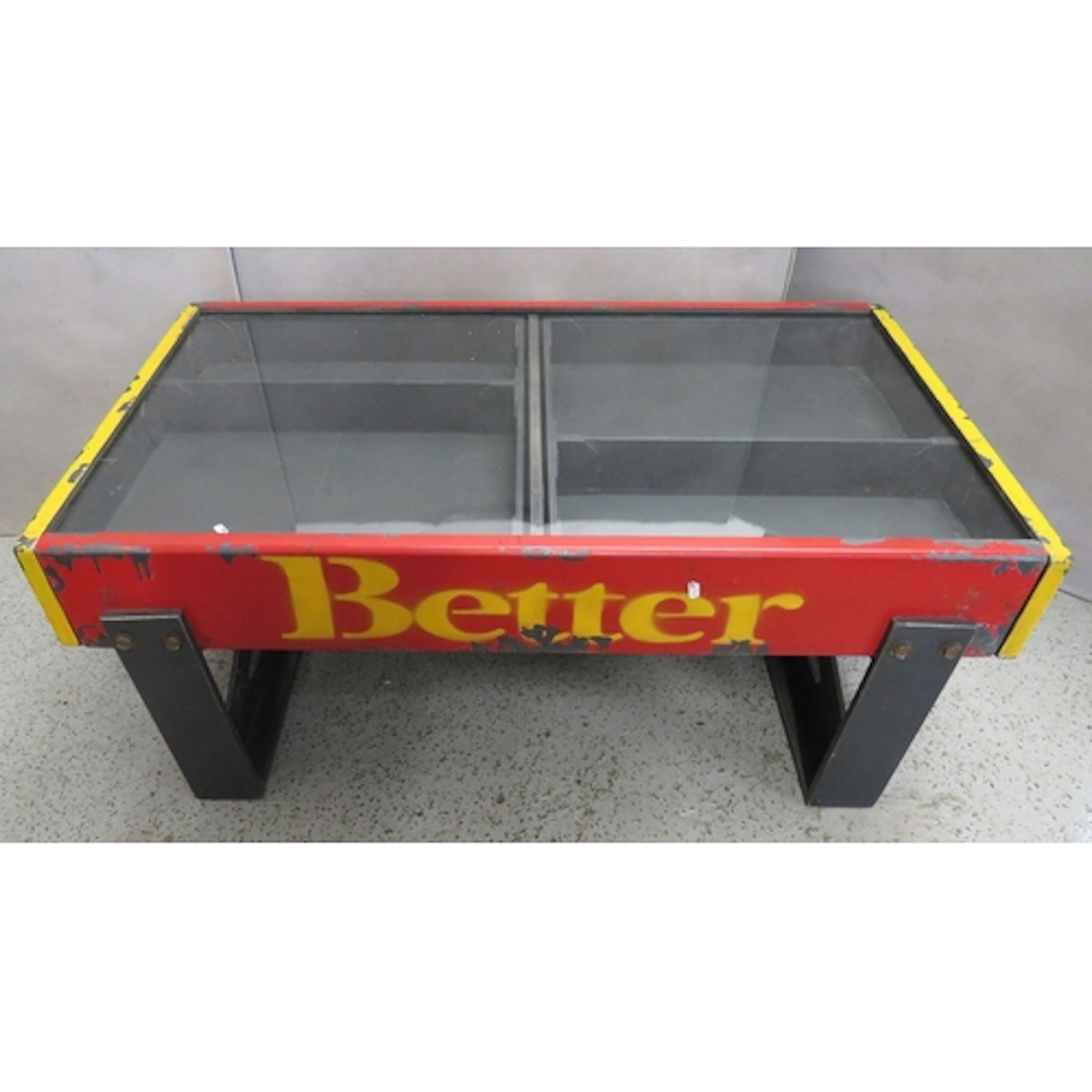 Vintage Upcycled Industrial Coffee Table, glass top, red/yel...