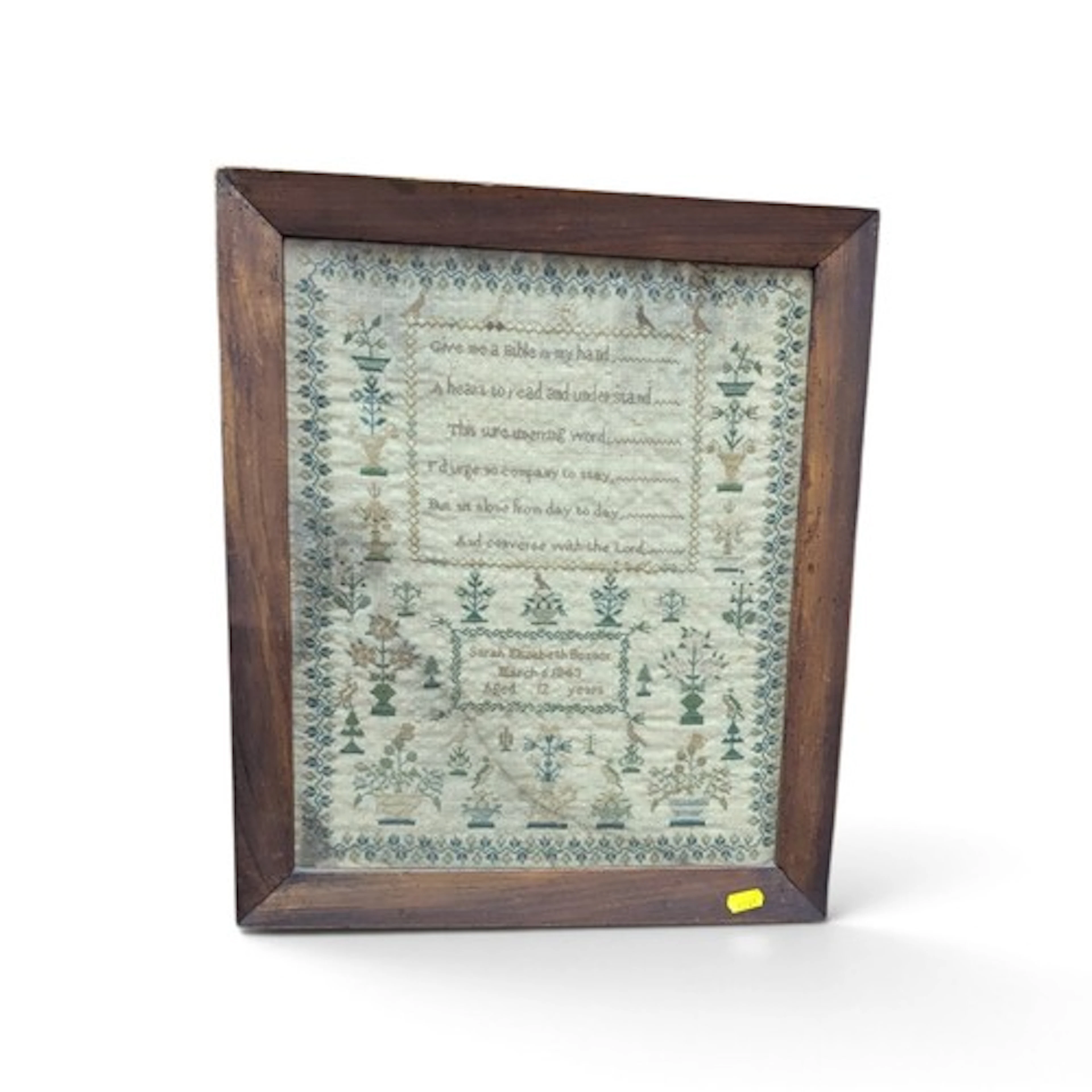 C19 embroidered sampler with biblical verse and floral motif...