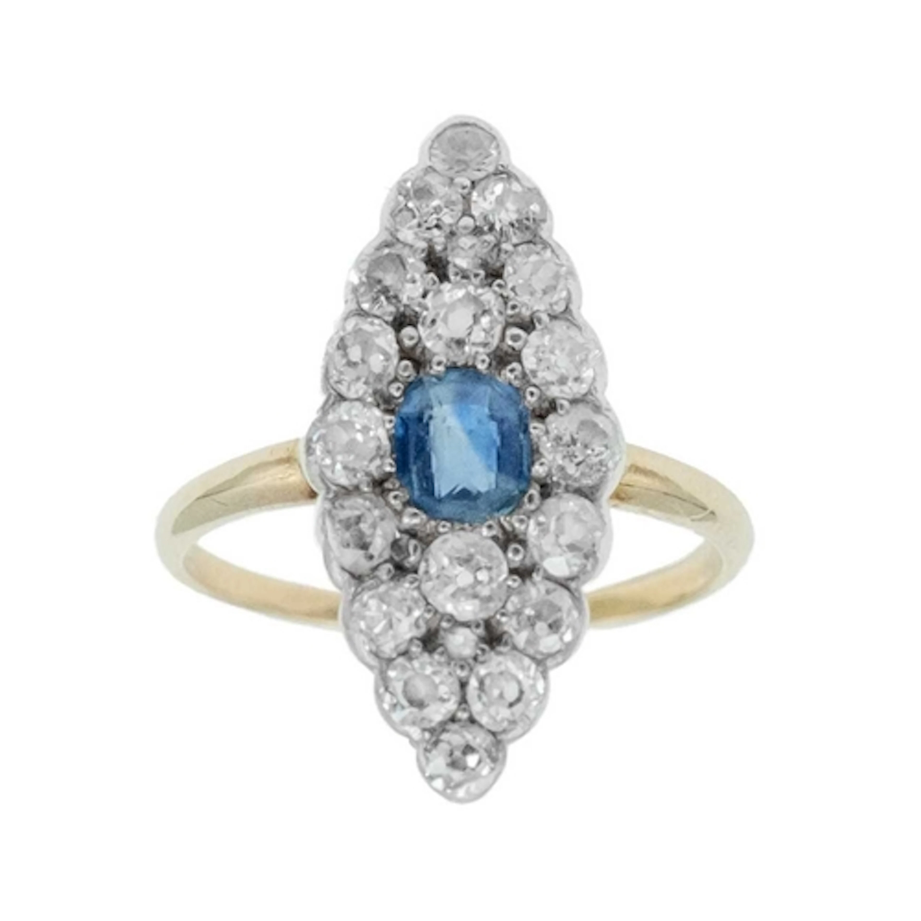 An antique blue sapphire and diamond navette ring, set in ye...