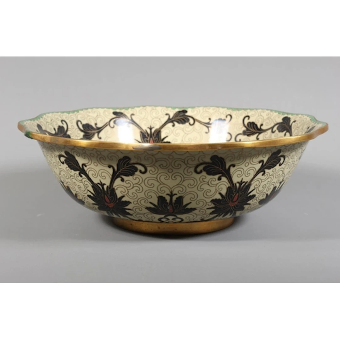Scalloped cloisonné vase with cream ground and black ...