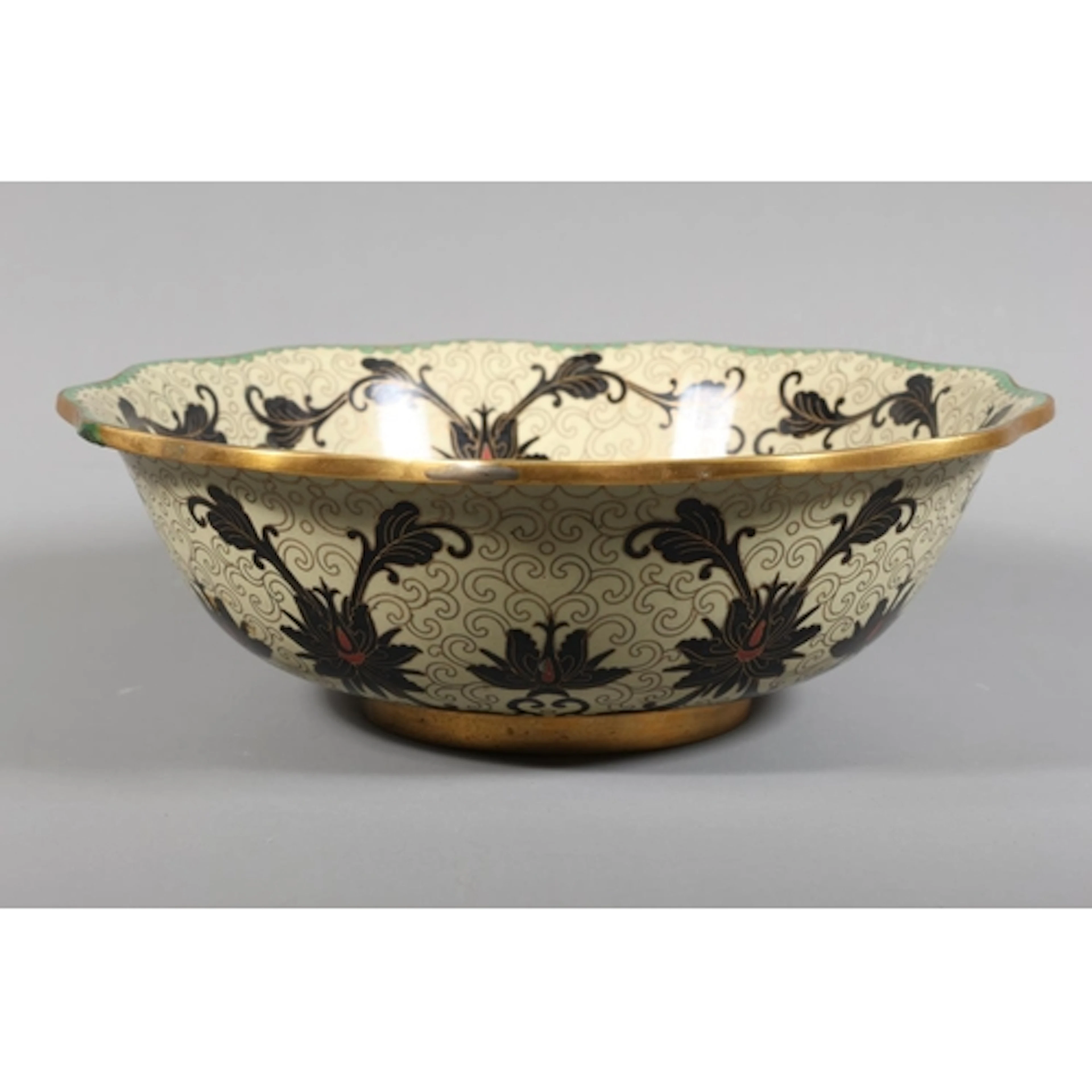 Scalloped cloisonné vase with cream ground and black ...