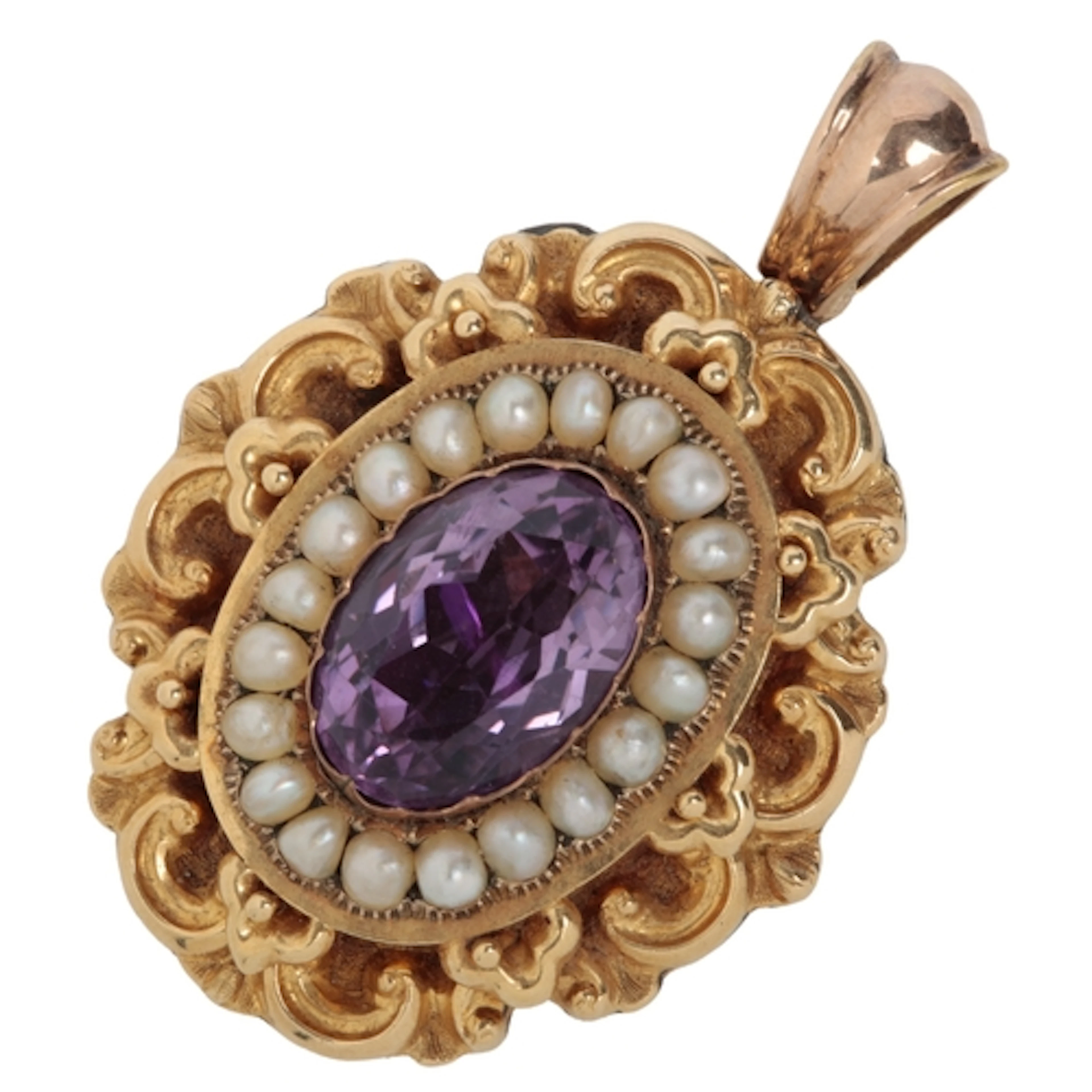An amethyst and split pearl pendant, mid 19th century, set w...